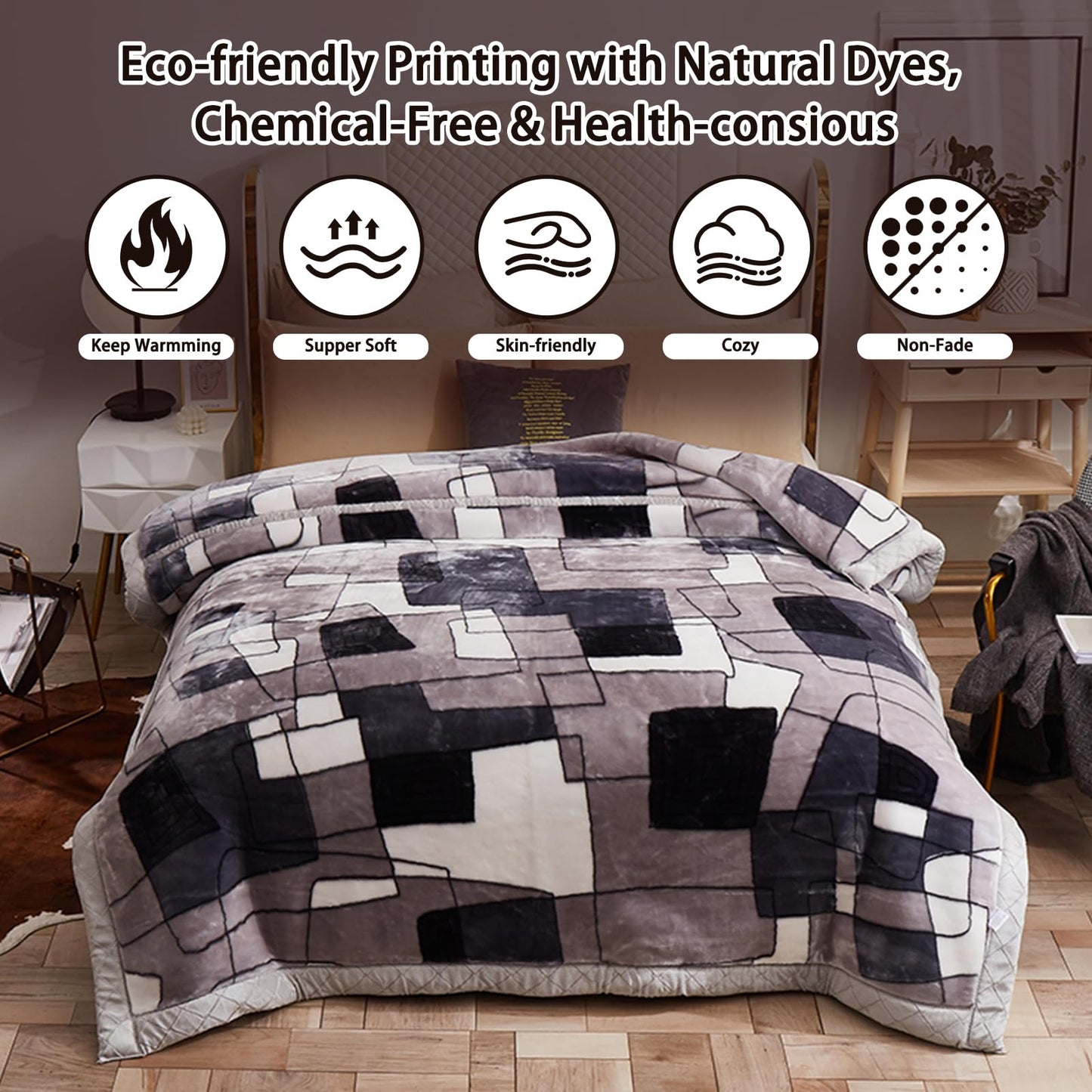 MODUSKYE Heavy Blankets, Korean Heavy Thick Blanket Plush 78x90 inch 2 Ply Bed Blankets with Geometic Pattern 7.7 LBS Queen Soft Cozy Raschel Blanket for Autumn Winter (Grey+White)