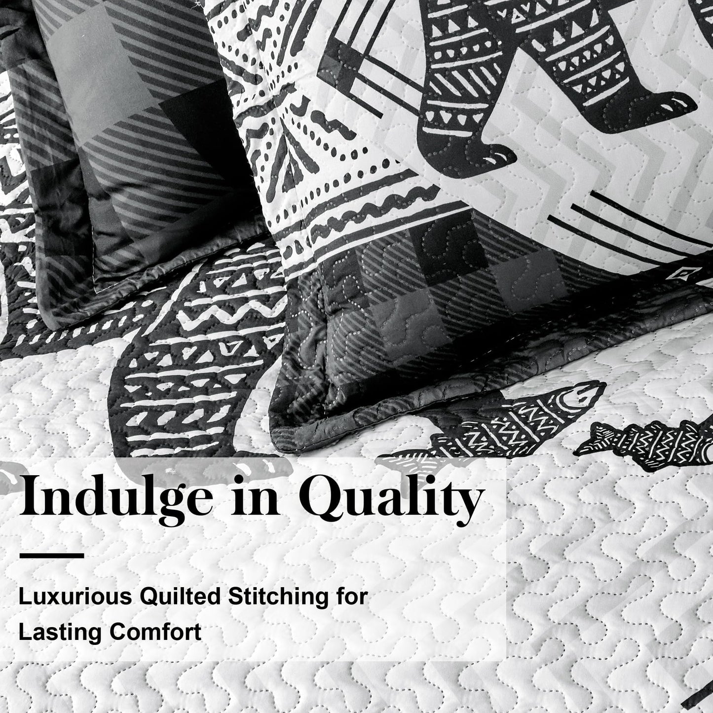 3 Piece Cabin Full/Queen Quilt Sets Farmhouse Rustic Reversible Microfiber Soft Lightweight Bedspread Comforter with 2 Shams Patchwork Country Lodge Bedding Quilts Set for All Season, 90''x96'' , Grey