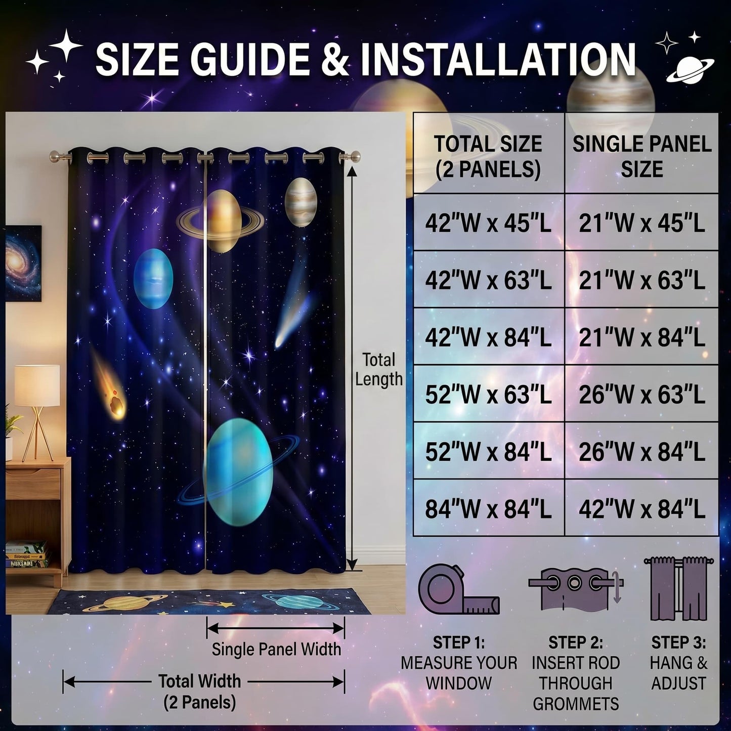 terxgrl Space Curtains for Boys Room, Galaxy Outer Space Blackout Window Curtains, Solar System Planets Darkening Drapes for Kids Bedroom Playroom, 42 x 45 Inch