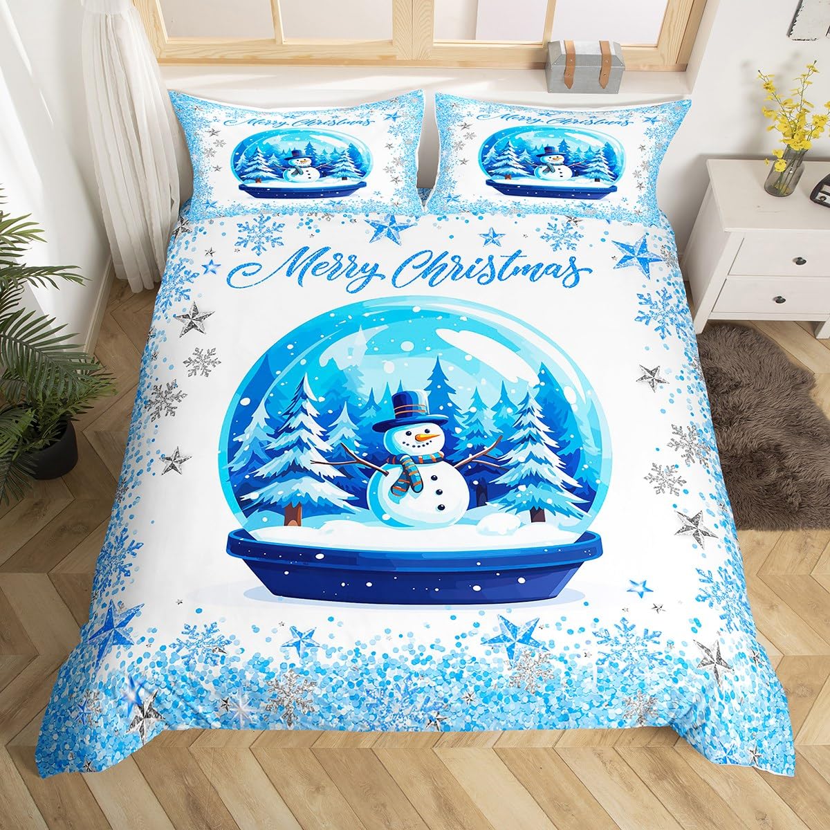 Snowman Xmas Tree Duvet Cover Set Twin Size,Merry Christmas Bedding Set,Sliver Blue Glitter Snowflake Comforter Cover for Kids Boys Girls Teens Room Decor,Fantasy Winter Quilt Cover,1 Pillowcase