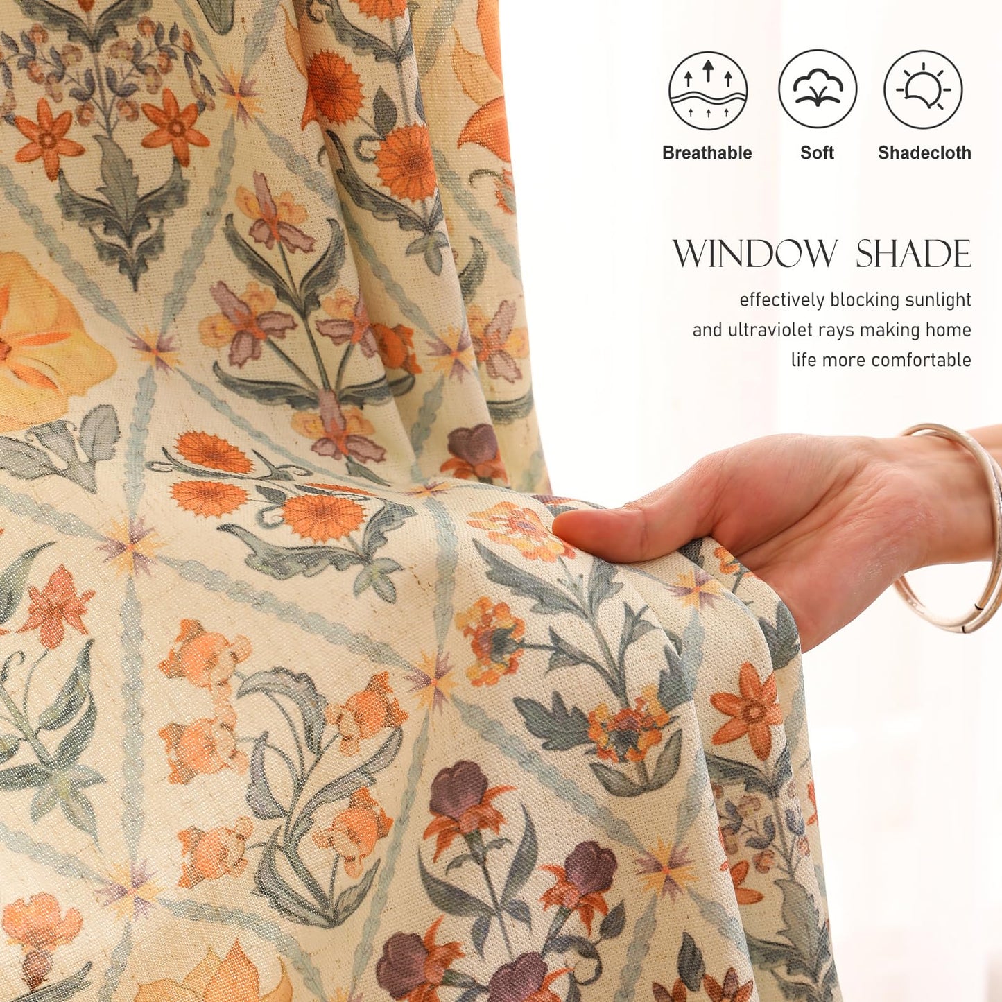ISAENNE Designer French Linen Printed Curtains,2 Panels,63"x65"-Floralsea