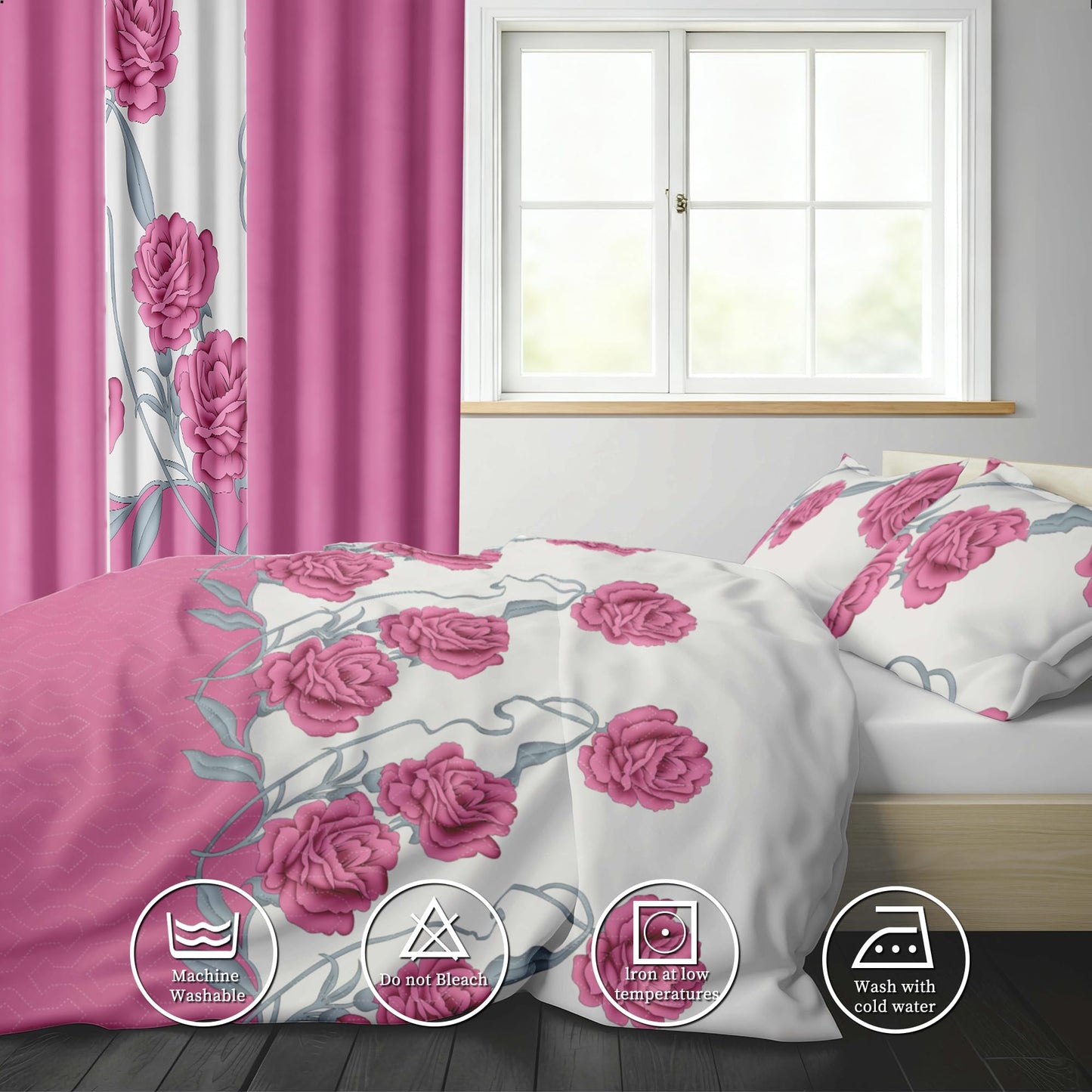 Deepsleep King Bedspread Set 9 Pieces, All Season Luxury Bed in a Bag for Bedroom, with 2 Pillowcases and 6 Curtains, Ultra-Soft Microfiber for Complete Bedroom Decor, Pink Rose