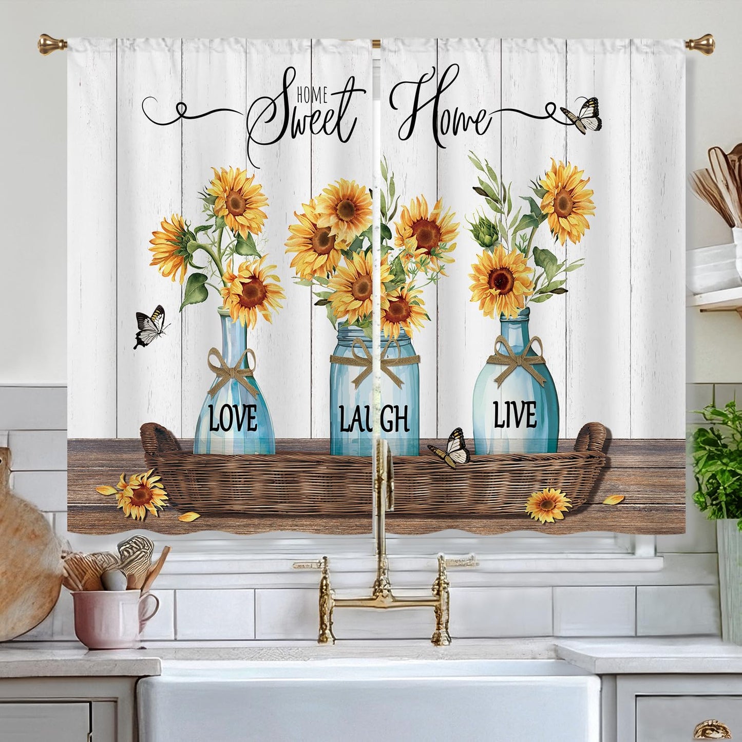 Cizuug Farmhouse Sunflower Kitchen Curtains Rustic Flower Inspirational Small Short Cafe Window Curtains Wooden Country Bathroom Living Room Bedroom Drapes Treatment 2 Panels