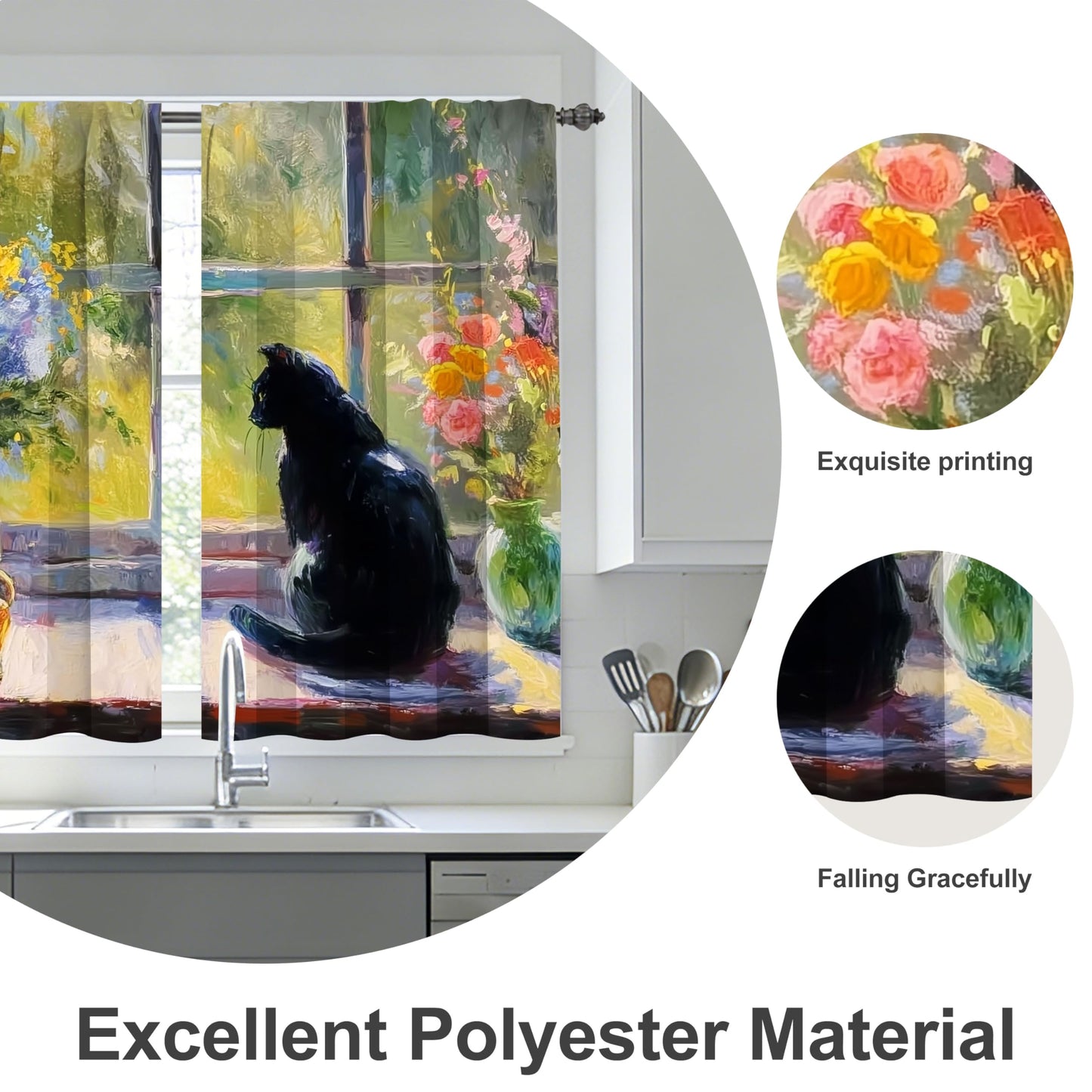 Ecixzyo Cat Flower Kitchen Curtains Short Rod Pocket Drapes Tiers Window Curtains for Basement Bathroom 2 Panels 28x36in