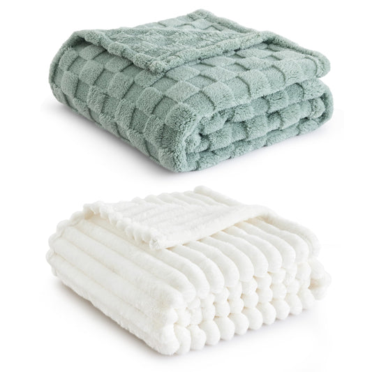 Bedsure Fleece Throw Blanket（White ＆ Green）
