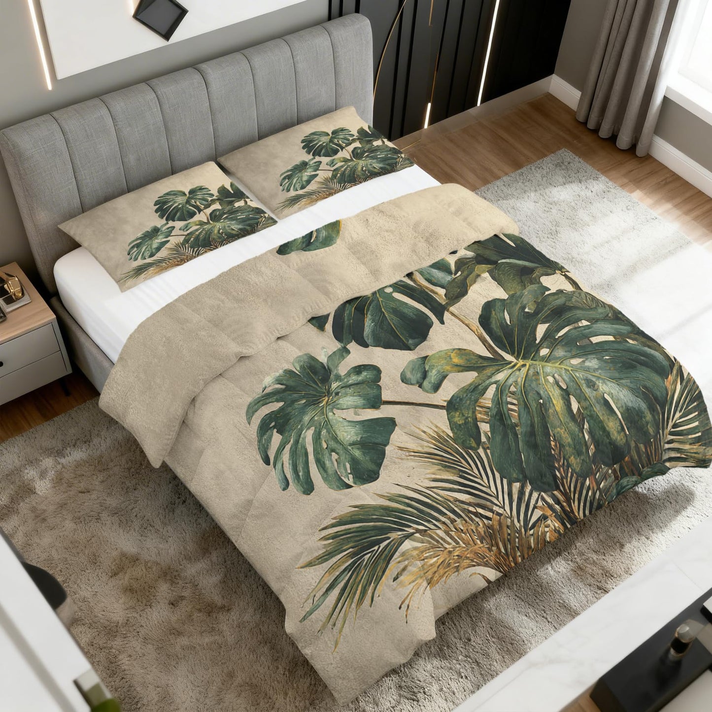 Tropical Leaves Comforter Set King Size 3Pc, Monstera Leaf Pattern Down Alternative Bed Comforter, 2 Pillow Shams, Soft All Season Bedding, Tropical Leaves Bedroom Decor AF3793