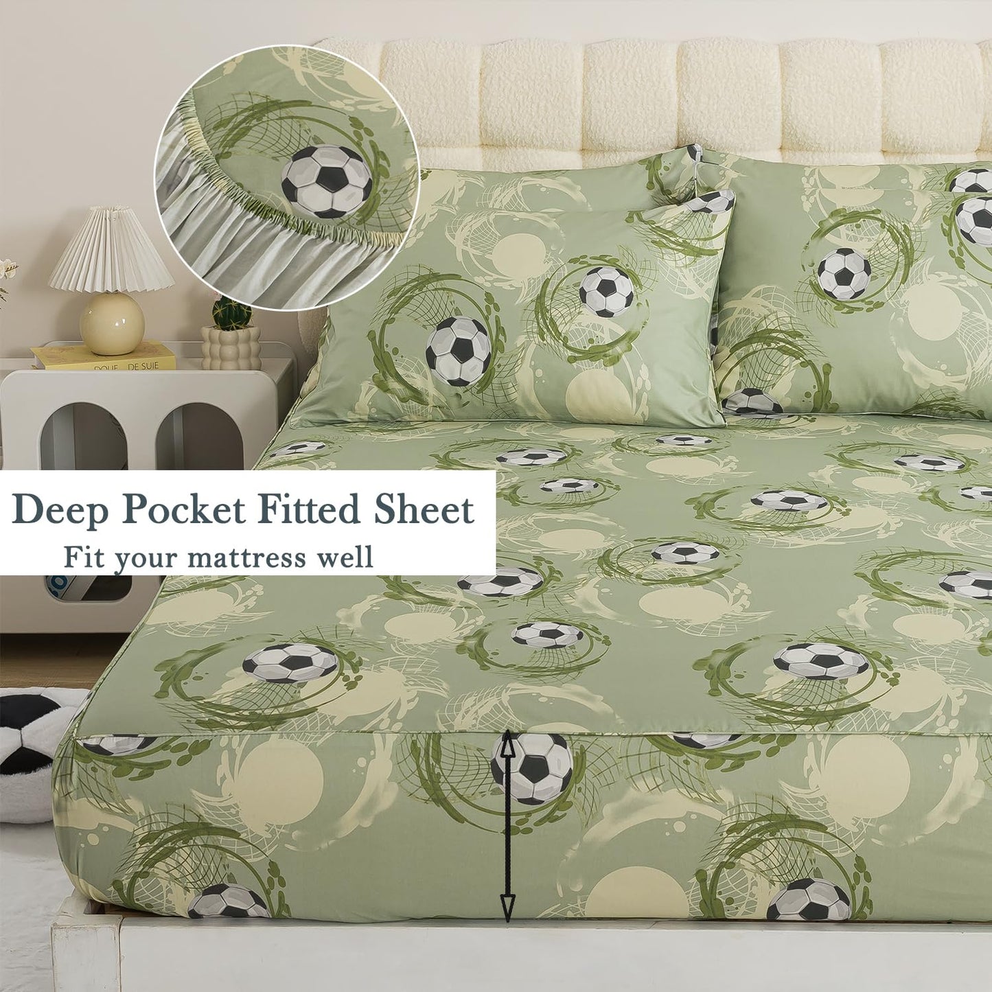 FADFAY Premium 100% Cotton Soccer Sheet Set King – Ultra Soft Breathable Sage Green Sports Bedding, Modern Athletic Soccer Ball Bed Sheets, Deep Pocket 4 Piece Set