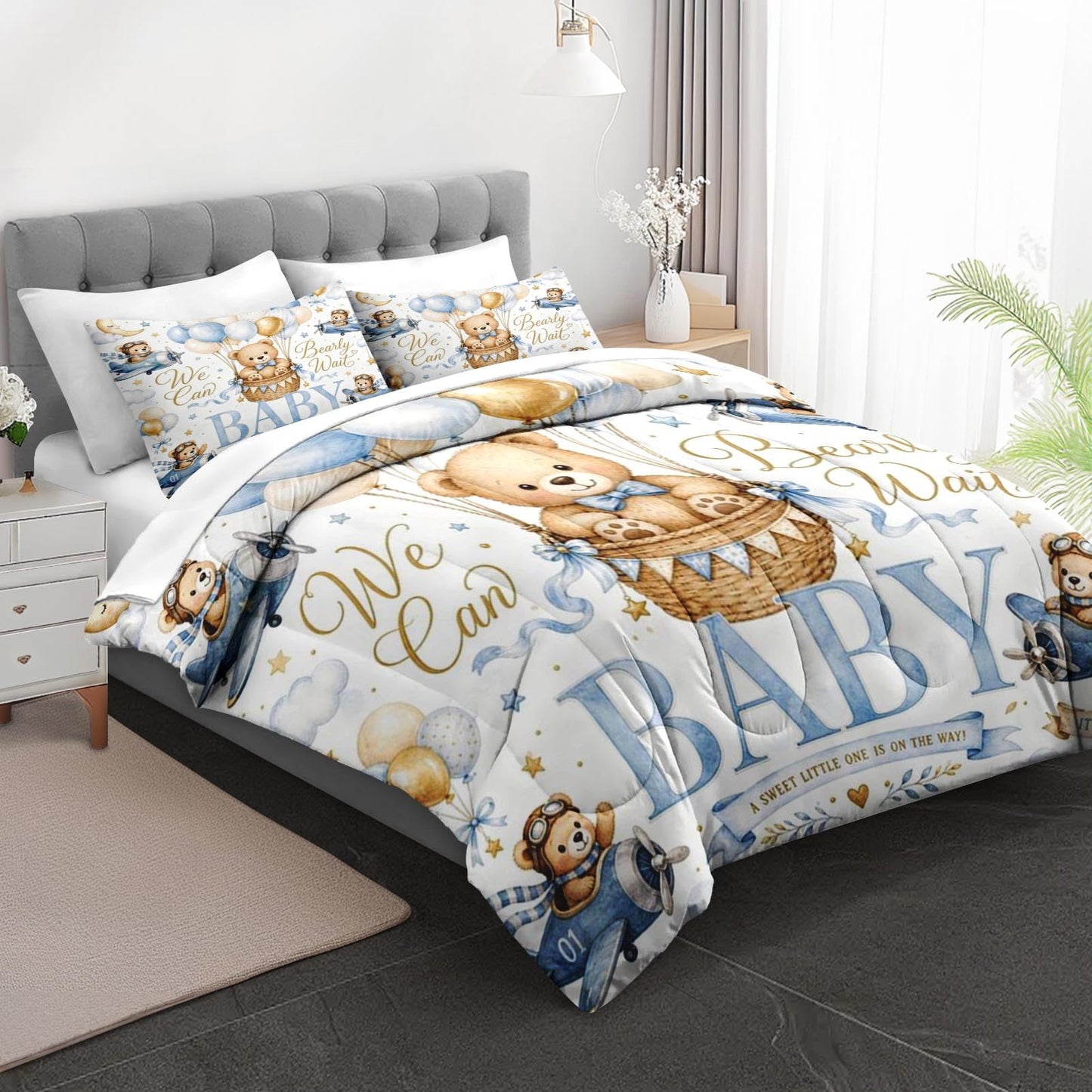 Boewywh Comforter Set Twin Size Bear Blue Star 5 Pcs, Bedding for Kids and Adults, Bed Sheet Sets with Fitted Sheet Pillowcase & Sham for Bedroom Bed Decor