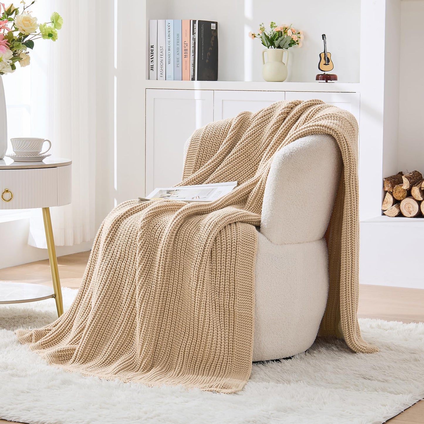Chunky Knit Beige Throw Blanket for Couch Soft Cozy Thick Cable Knitted Throw for Sofa Bed Cute Decorative Blanket for Living Room,50"x 60",Ginger Beige