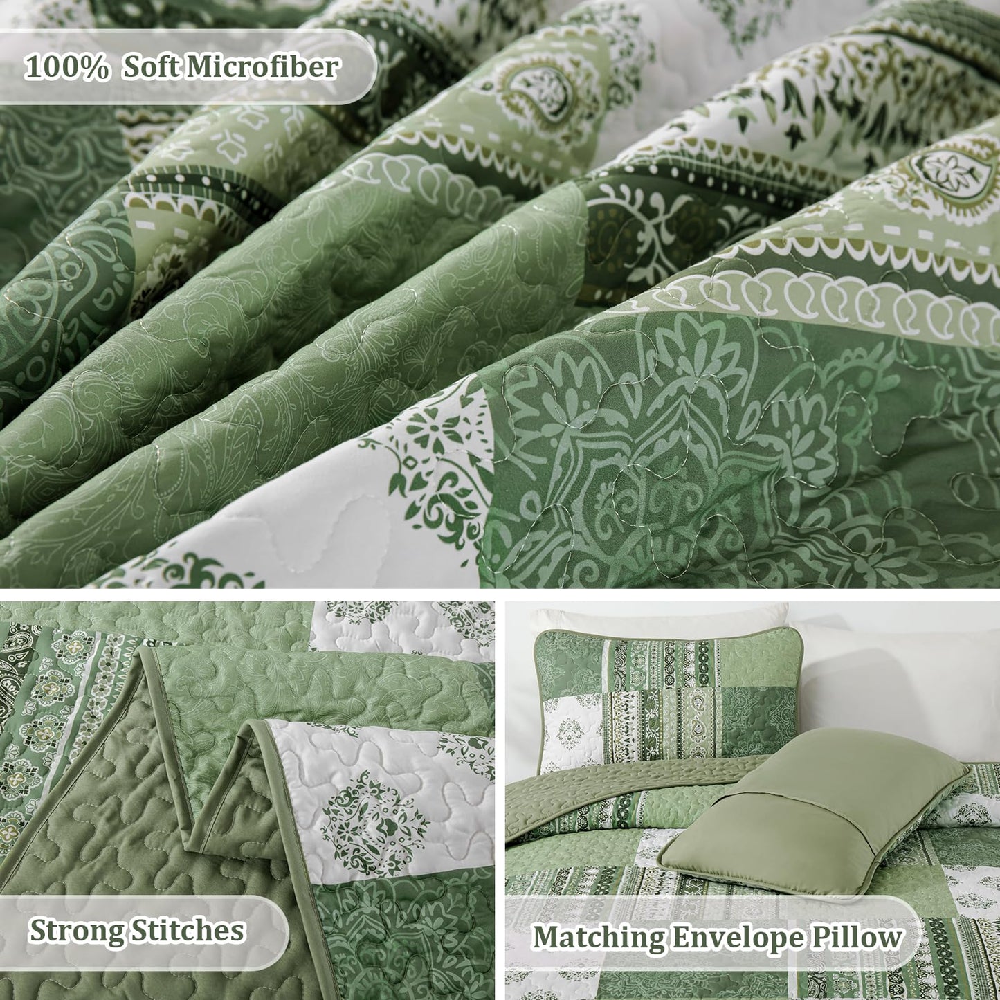 Dintszyayue Boho Quilt Set Queen Size Patchwork Bedspread Coverlet 3 Pieces, Green Boho Quilt Bedding Set Soft Microfiber Summer Bedding Bedspread Set, 96''x90''