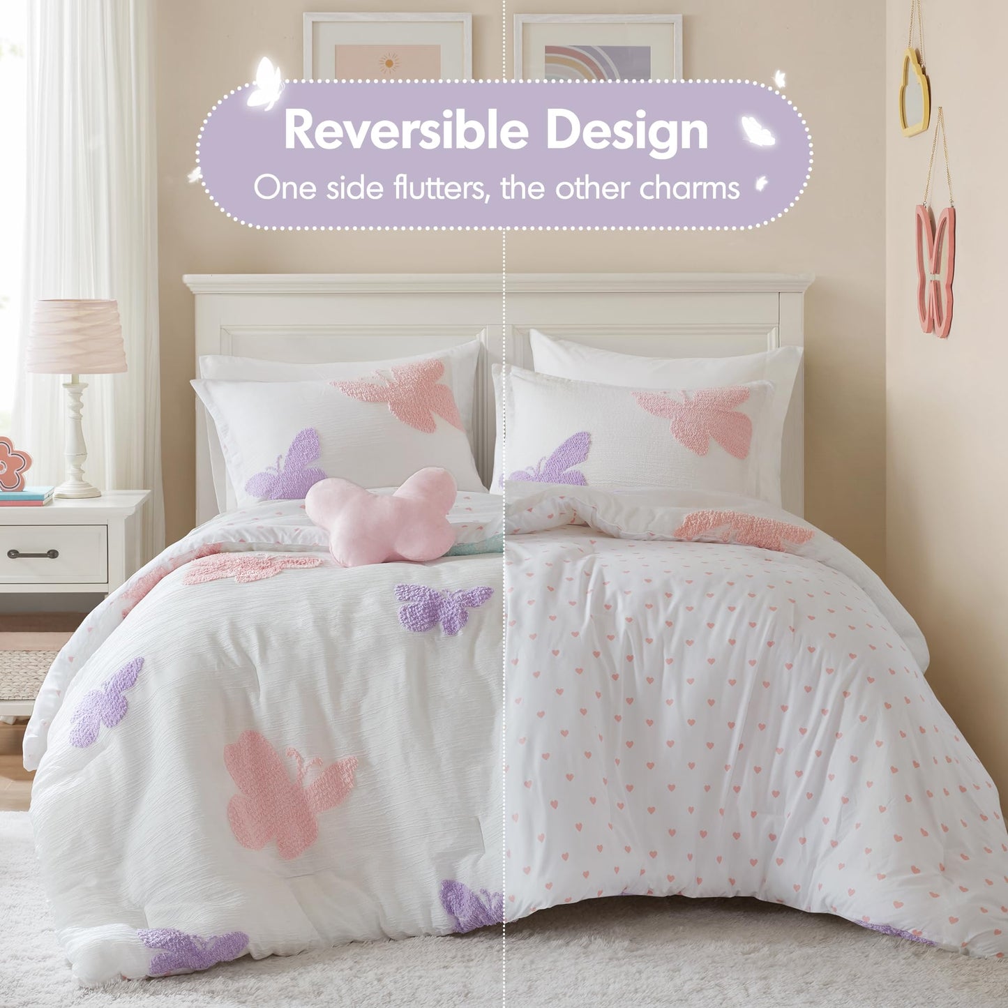 Intelligent Design Kids Rio Full/Queen Comforter Set – Girls’ Reversible Tufted Chenille Bedding with Pastel Purple Butterflies and Pink Dot, 4pcs