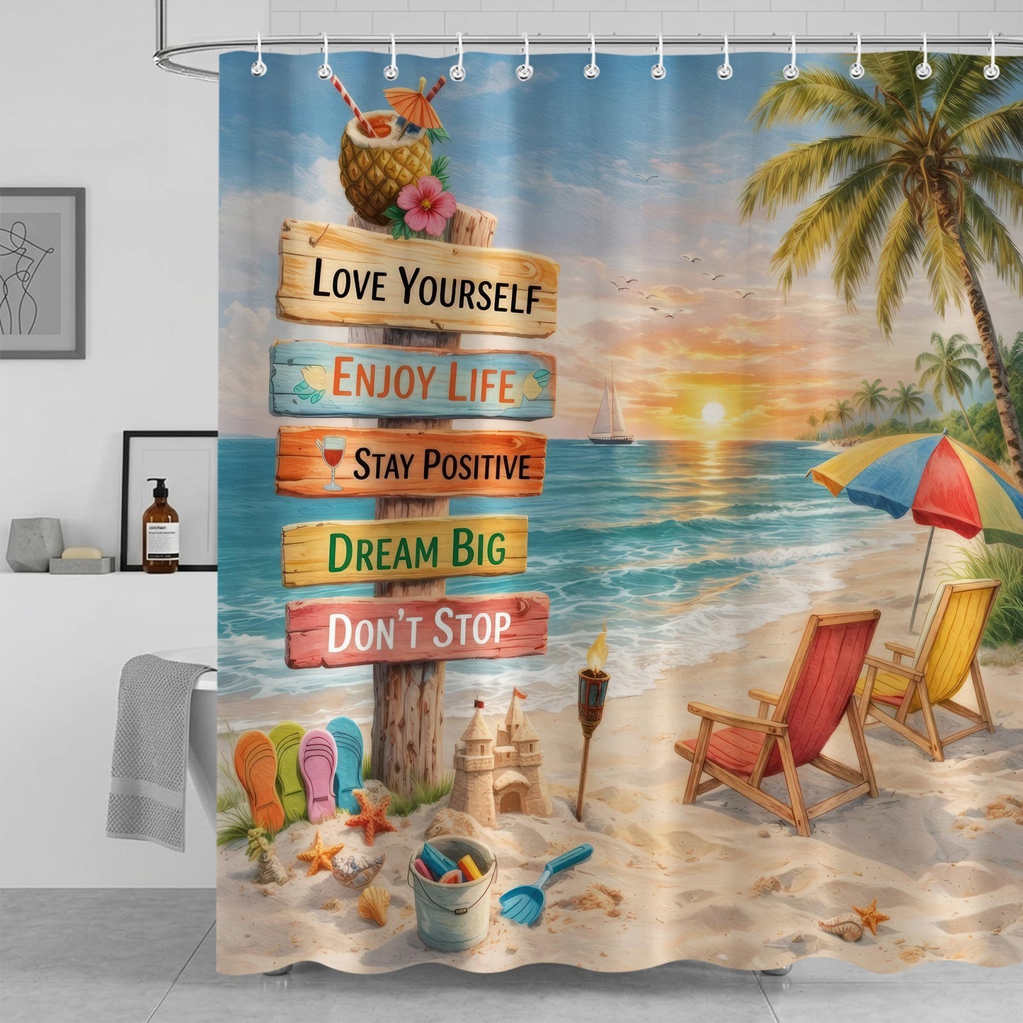 iTapnoom Tropical Beach Shower Curtain, Ocean Coastal Motivational Quotes Inspirational Palm Tree Sunset Bathroom Decor Fabric Curtain Set with Hooks 72x72 Inches