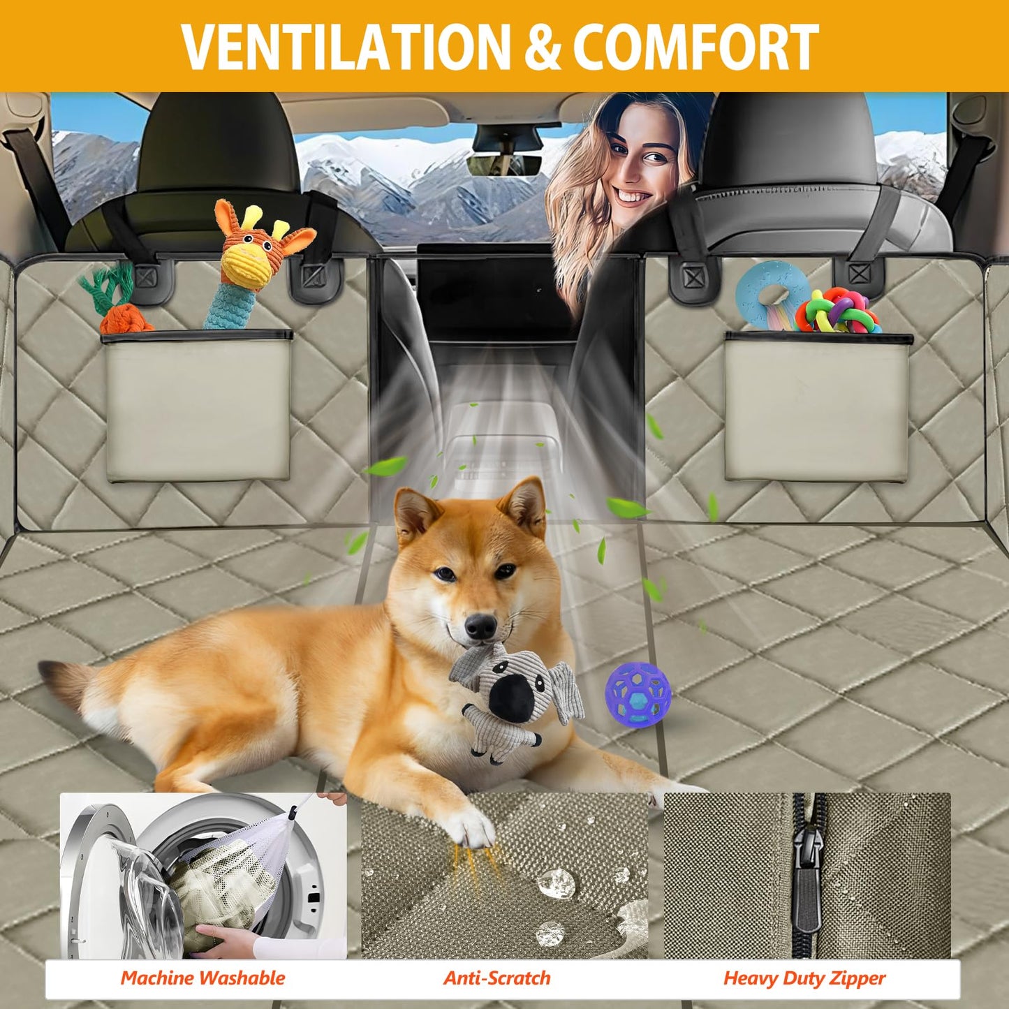 ROUWINNE Back Seat Extender for Dogs-Large Space, Dog Car Seat Cover Hard Bottom Holds 420lbs, Sturdy Backseat Extender for Dogs, Upgraded Waterproof Pet Car Bed Dog Hammock for Car SUV, Truck Khaki