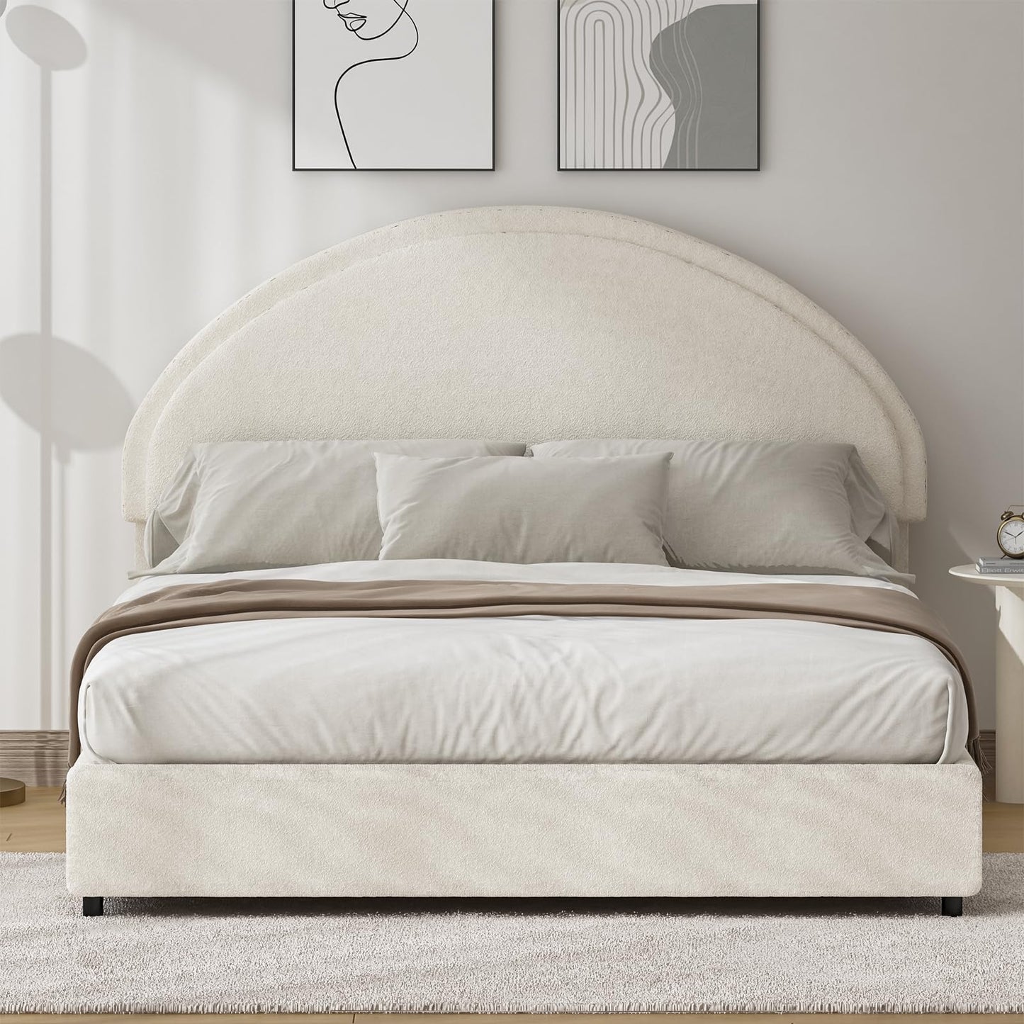 REVOMINCA Full Size Bed Frame with Round Headboard, Upholstered Platform Bed Frame, Boucle Soft Bed Frame, Modern Style, No Box Spring Required, Easy Assembly, White