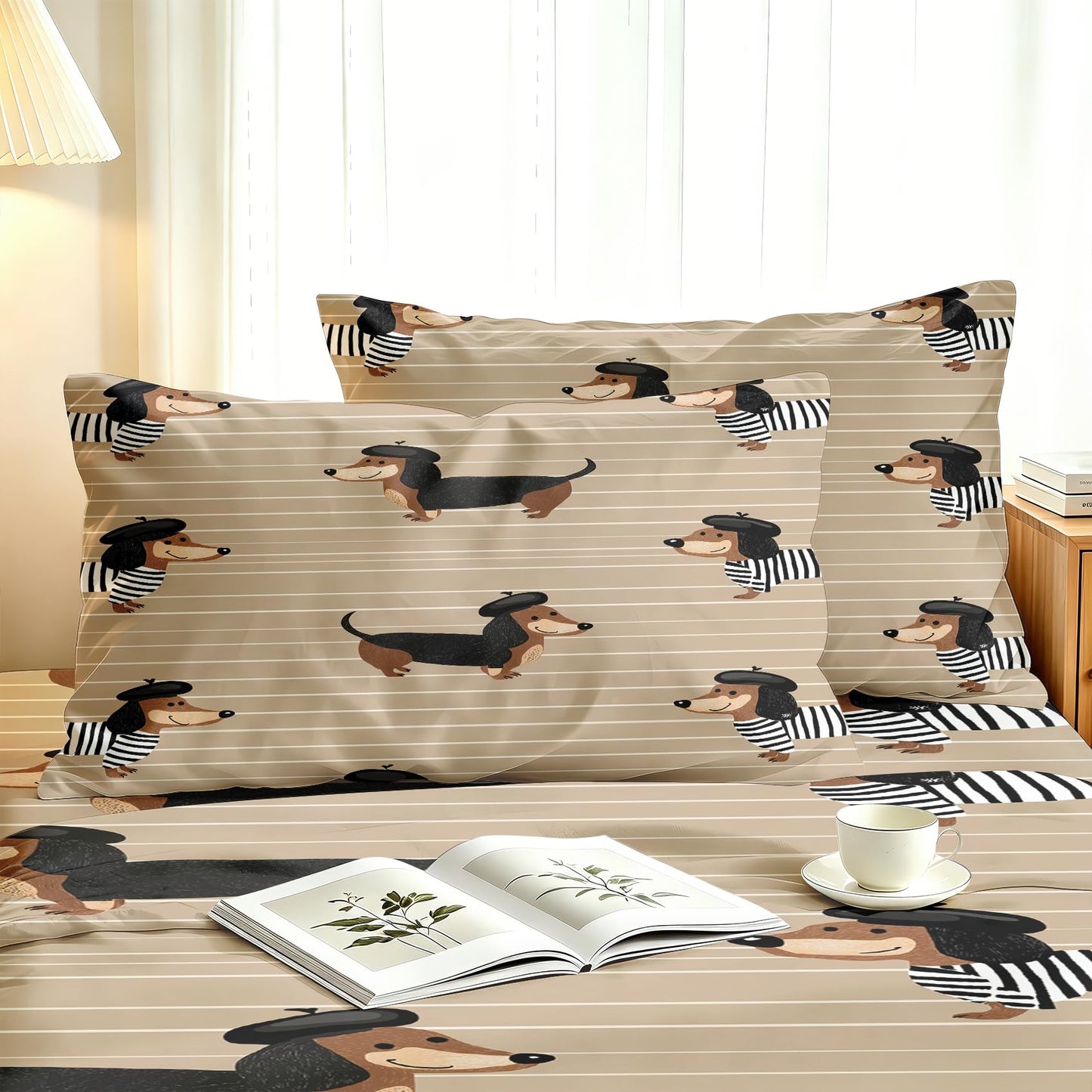Dachshund Twin Sheet Set Boys Puppy Flat Fitted Sheet Sets, Cream