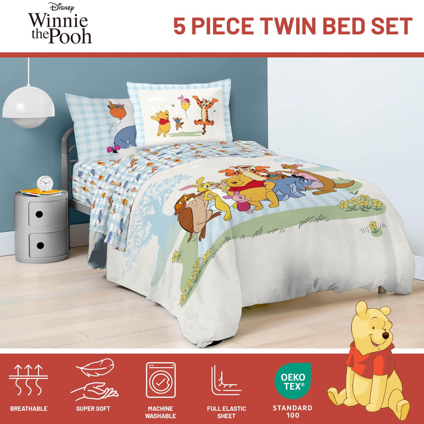 Jay Franco Kids Comforter Set Includes Sheets and Pillow Covers - Soft and Cozy Bed Set for Stylish Room Decor, Official Licensed Bedding, White - Winnie The Pooh, 5 Piece Twin
