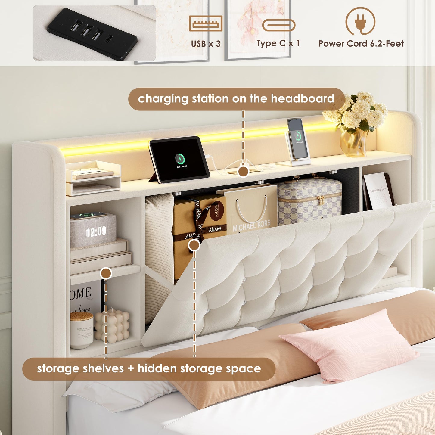 Full Bed Frame with Drawers, Hidden-Cubby & Shelves Storage Headboard with Charging Station and LED Lights, Velvet Upholstered Platform Bed Solid Wooden Slats Support No Box Spring Needed, Beige