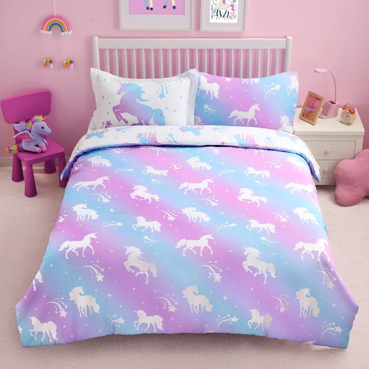 Joiedomi Kid Twin Comforter Set 5 Piece Dream Unicorn Bedding Set for Boys Girls Super Soft Microfiber Bed in a Bag with Comforter Sheets Pillowcase Sham