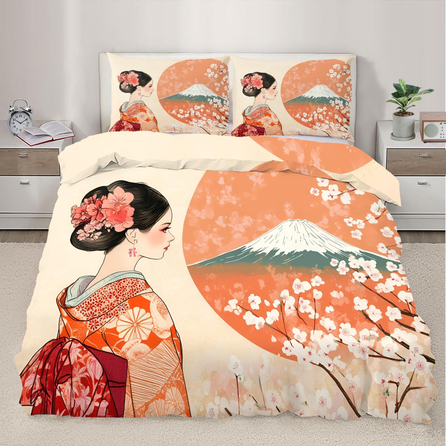 PAISUOQ Japanese Bedding, Japanese Girl Duvet Cover Full, Traditional Girl Comforter Cover with Zipper Ties, 3 Pieces with 2 Pillowcases, Home Decor & Gifts