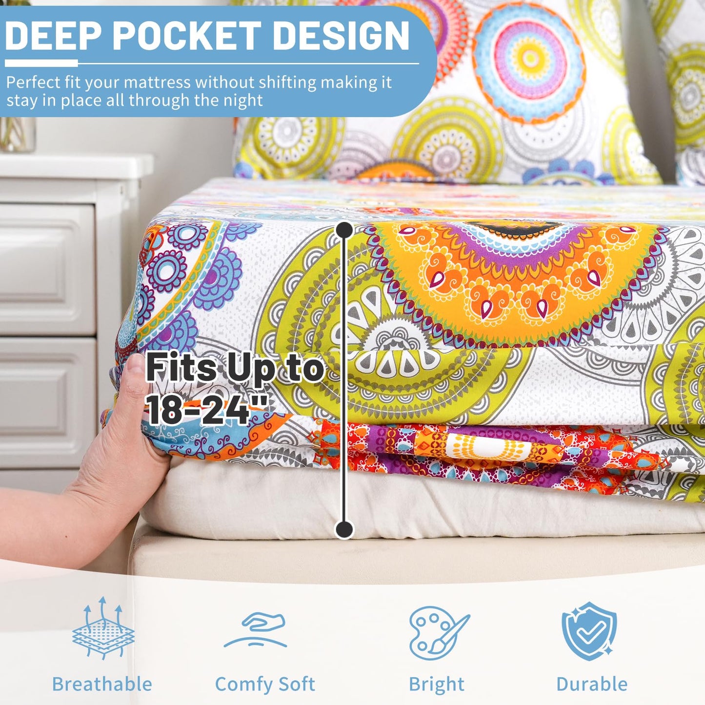 Bedlifes Queen Size Extra Deep Pocket Sheet Sets - Fits Mattresses Up to 18-24" Thick, 4-Piece Microfiber Set with 1800 Thread Count, Soft, Smooth, Breathable, Featuring Mandala Patterned