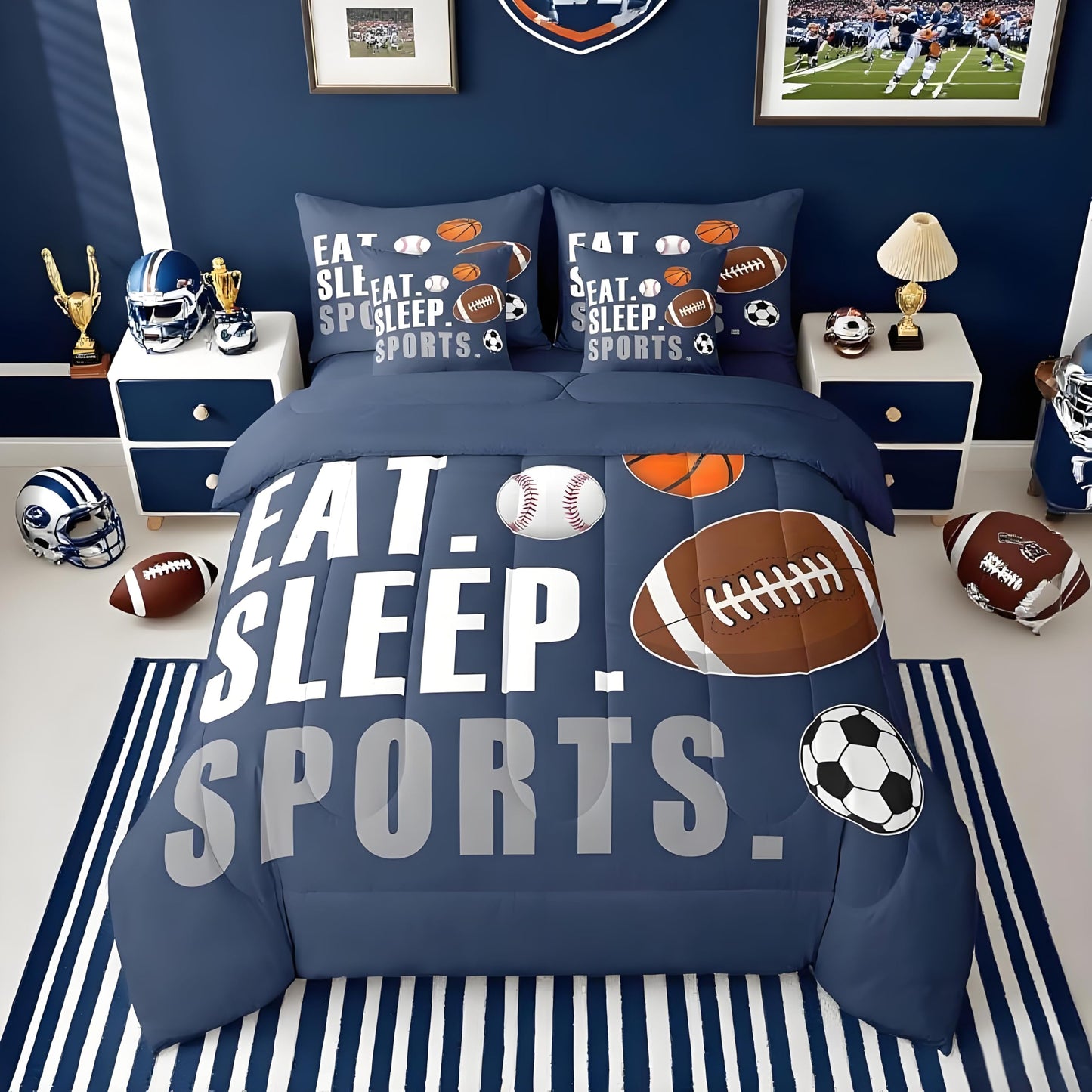 Feelyou Sports Comforter Set 7 Pieces Twin Size Boys Bedding Set Kids Football Basketball Baseball Soccer Bed in A Bag with Sheets, Pillow Covers, Pillowcases, Navy Blue Sports Game Comforter