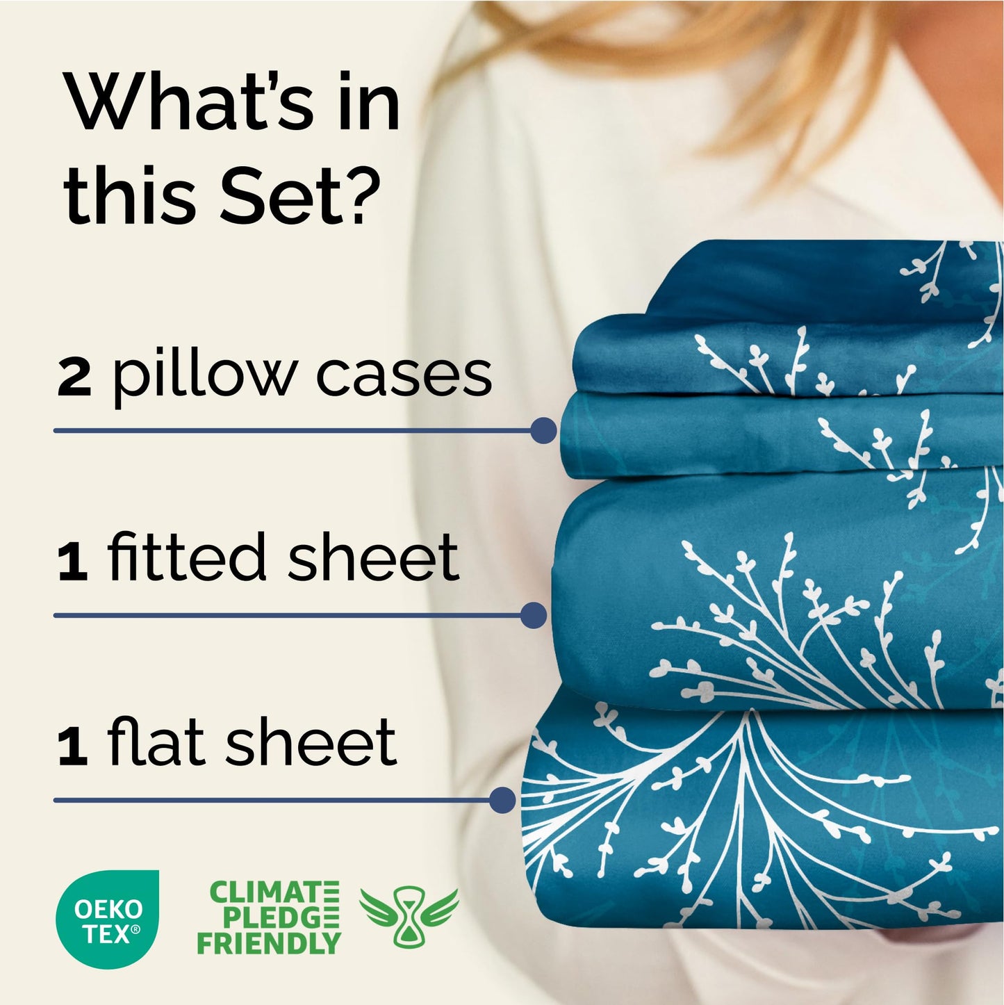 Floral Sheets - Blue & White Floral Bed Sheet Set - 1 Flat, 1 Fitted & 2 Pillowcases w/ Deep Pockets - Wrinkle & Fade Free - Boho Botanical Bedding - Ultra-Soft, Breathable & Cooling - King Size Set