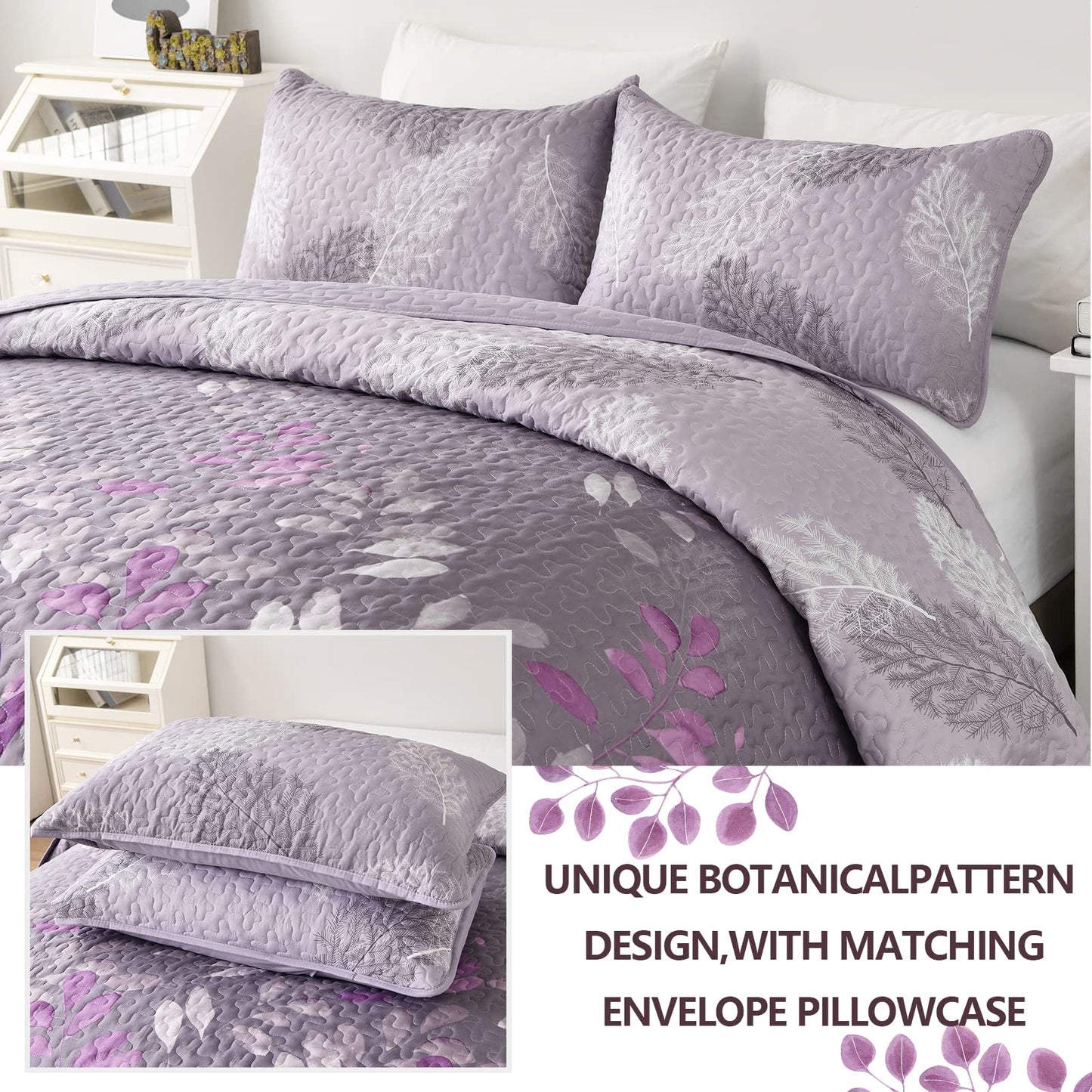 WONGS BEDDING Purple Floral Quilt Set Queen Size, 3 Pieces Botancal Leaves Bedspread Coverlet Set with 2 Pillowcases for All Season, Soft Microfiber Floral Bedding Set 96"×90"
