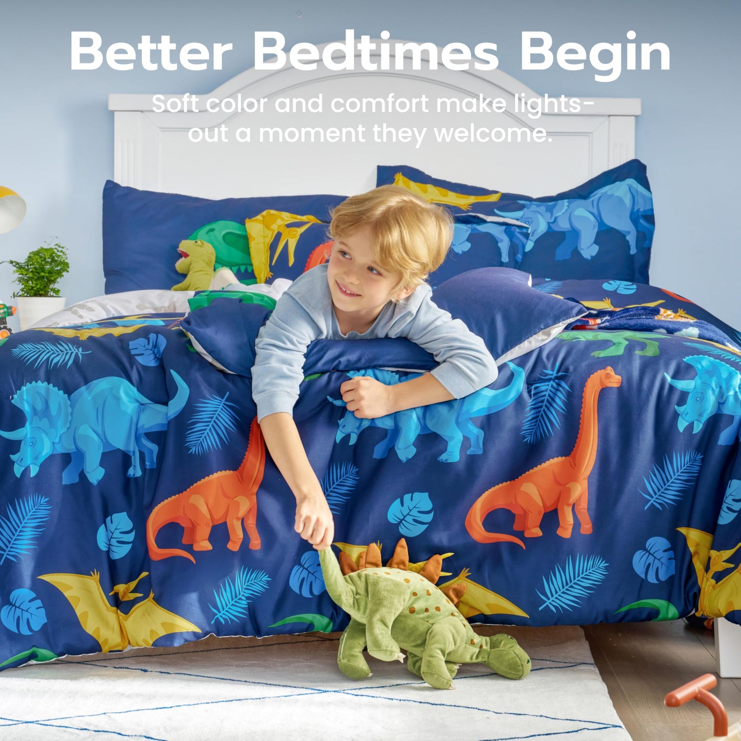 Joiedomi Kids Comforter Set Bedding Set for Boys Girls Super Soft Microfiber Bed in a Bag with Comforter Sheets Pillowcase Sham, Dark Blue Dinosaur, Full
