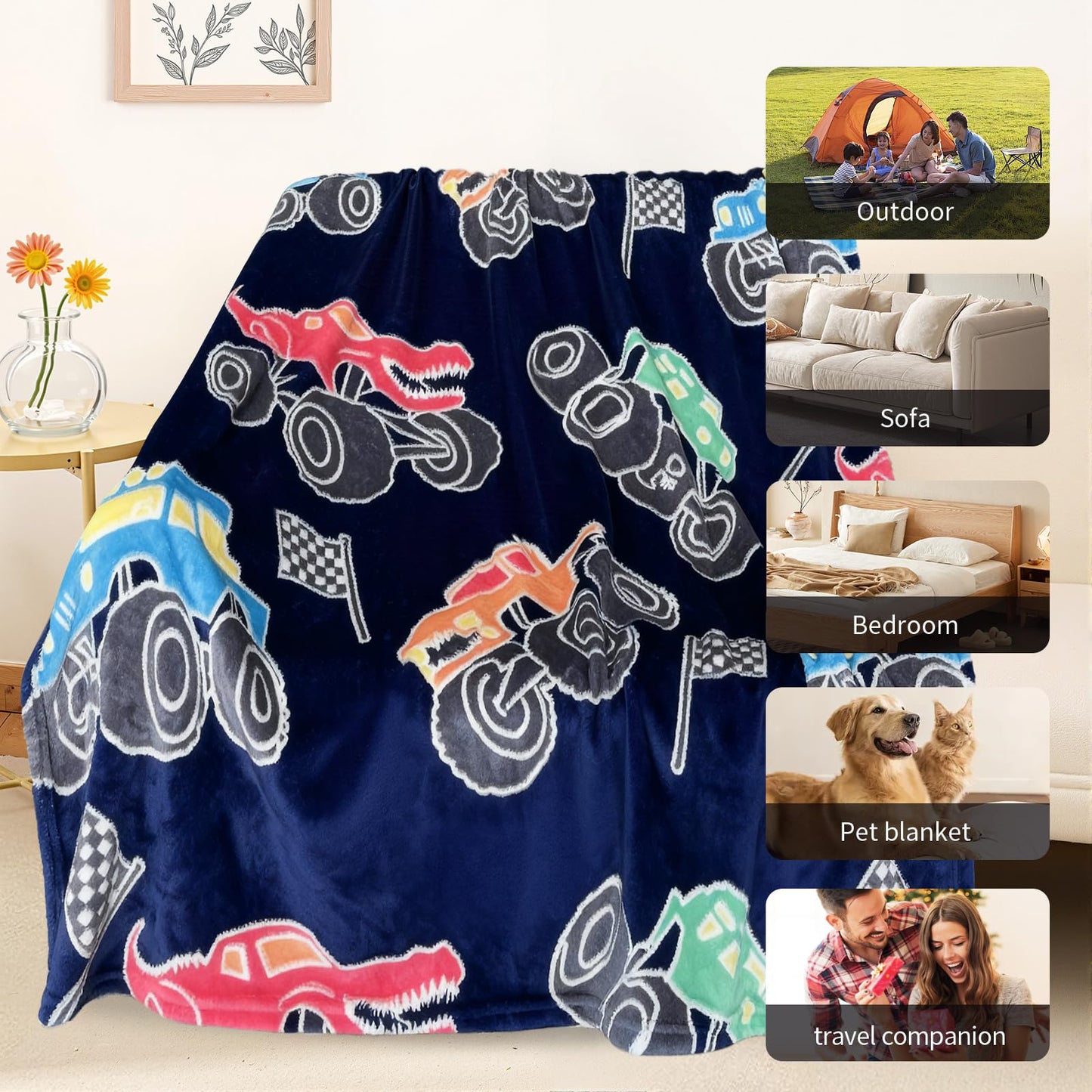TEHALK Monster Truck Blanket for Boys/Girls/Kids/Toddler/Baby, Monster Truck Toys for Boys Age 3-12, Car Blanket for Birthday/Unique Gifts 40"x 60"