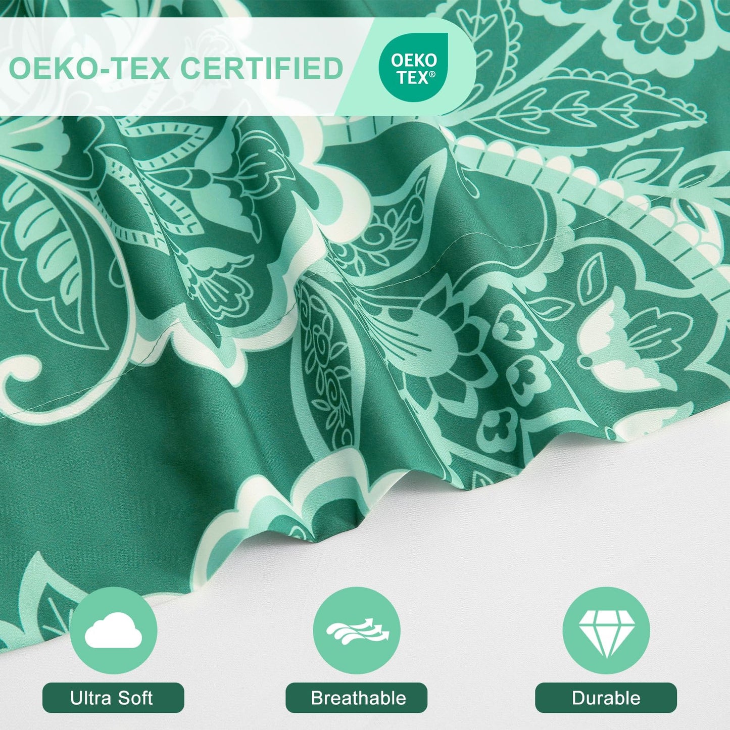 Botanical 6-Piece Full Size Sheets Set, Boho Floral Print Brushed Microfiber Sheets, Cooling Bed Sheet Set, Ultra Soft & Breathable, 16' Deep Pocket Fitted Sheet & Pillowcase Set, Green Paisley