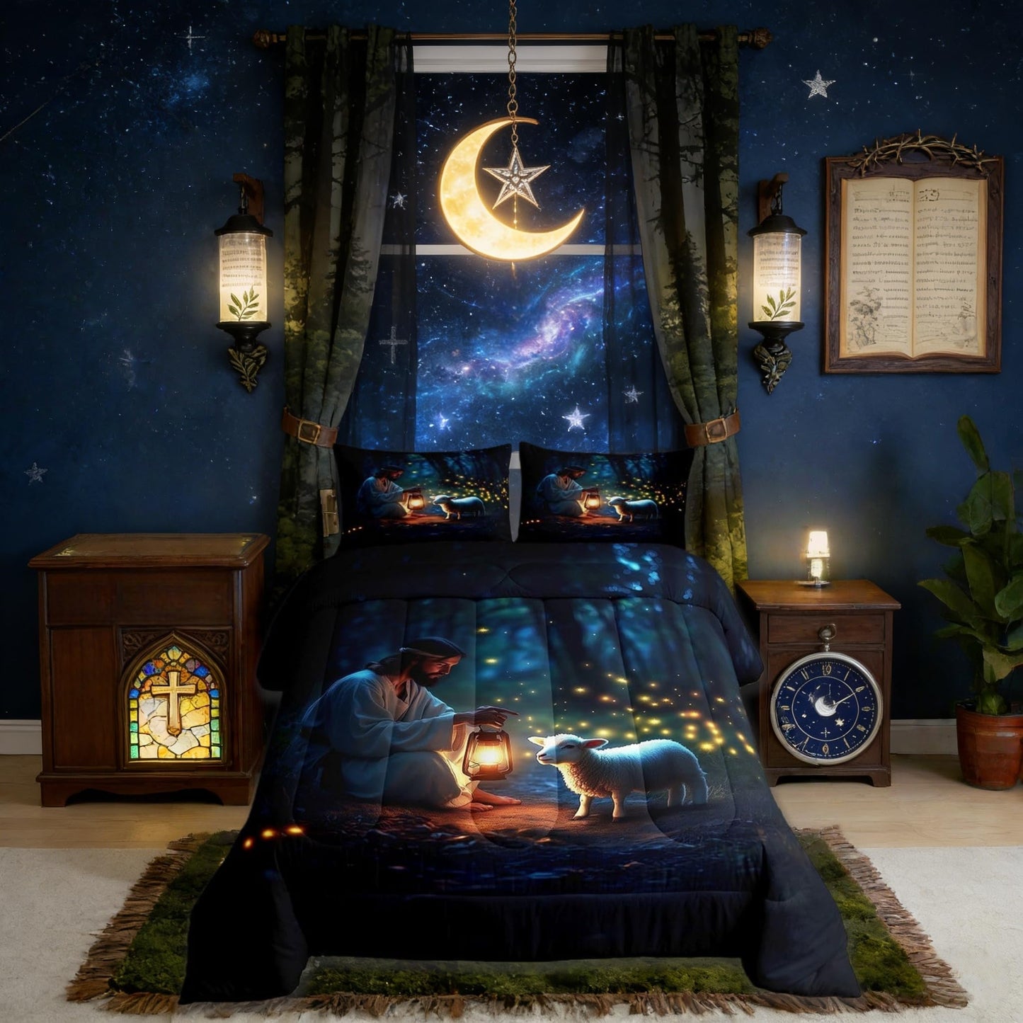 Manfei Western Girls Bedding Set Twin Size,Serenity Prayer Lost Lamb Comforter Set,Inspirational Bible Verse Quilt Comforter Girls Boys Teens,Dark Blue Room Decor All Season,1 Pillowcase