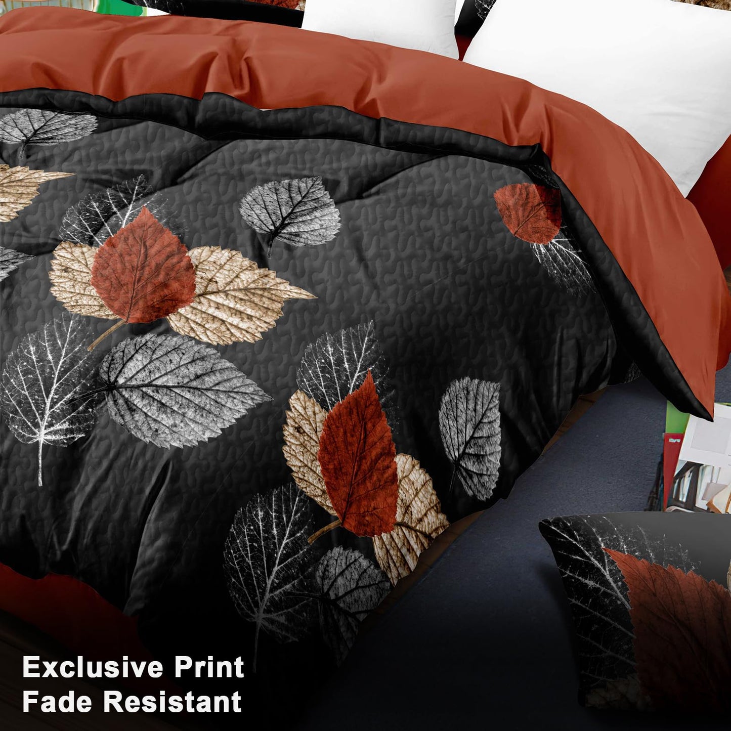 Elegance 9-Piece Leaves King Light Comforter Set, Luxury Bed in a Bag King Bedspread with Matching Curtains Ultra Soft & Breathable Black Brown Floral Bedding, All-Season Decor for Master Suite