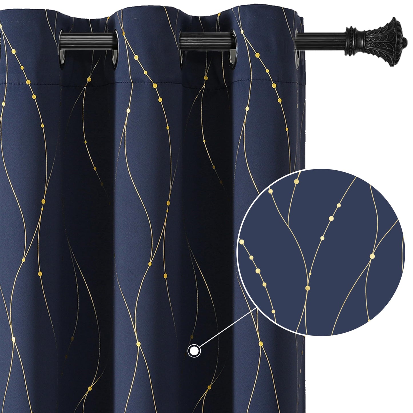 BUHUA Blackout Curtains 84 Inches Long, Gold Foil Print Wave Pattern Room Darkening Curtain, Living Room Curtains & Drapes, Thermal Insulated Window Panel Set, 52 x 84 Inch, Navy