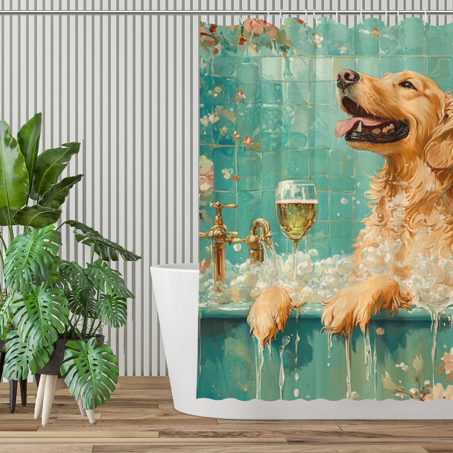NGZ Funny Golden Retriever Teal Shower Curtain, SPA with Wine, Green Shower Curtain, 72x72 Inches Shower Curtains for Bathroom, Bath Curtains Set with 12 Hooks