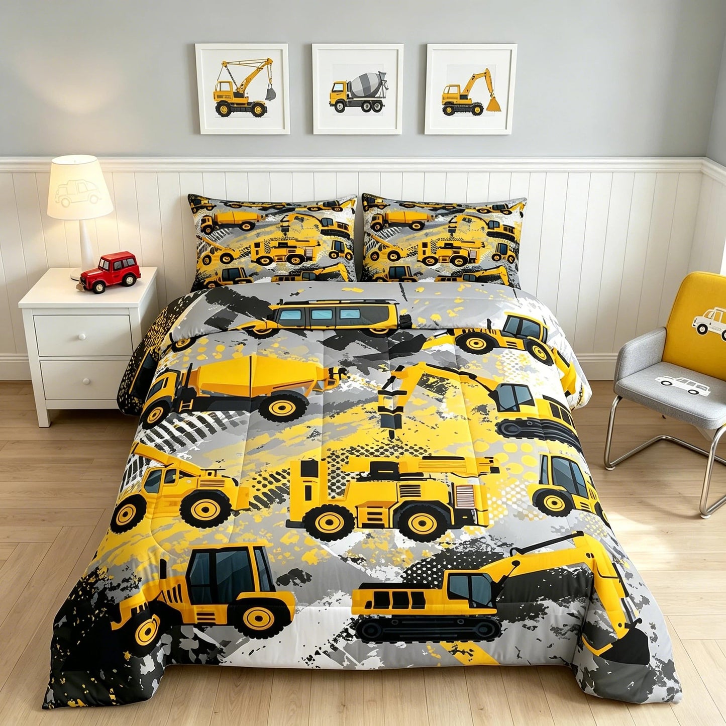 Feelyou Kids Construction Comforter Set Twin Bedding Sets for Boys Toddler Children Cartoon Cars Excavator Tractor Comforter Set Construction Machinery Truck Duvet Set Cars Bed Set with 1 Pillow Case