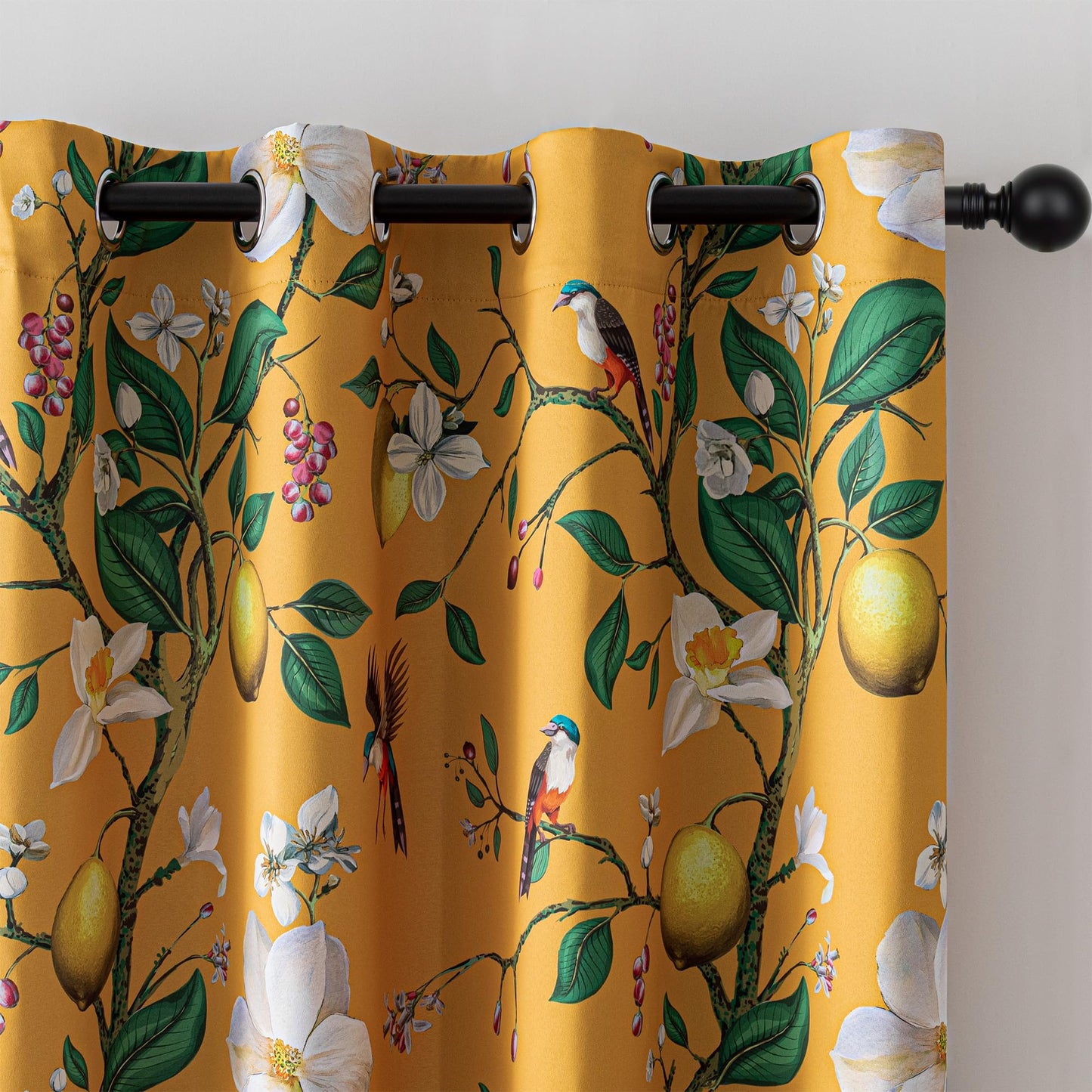 MYSKY HOME Yellow Floral Blackout Curtains 84 inch Long for Living Room Vintage Mid Century Style Lemon Hummingbird Patterned Room Darkening Privacy Drapes Grommet Bedroom Dining Room, 2 Pcs, 52"Wide