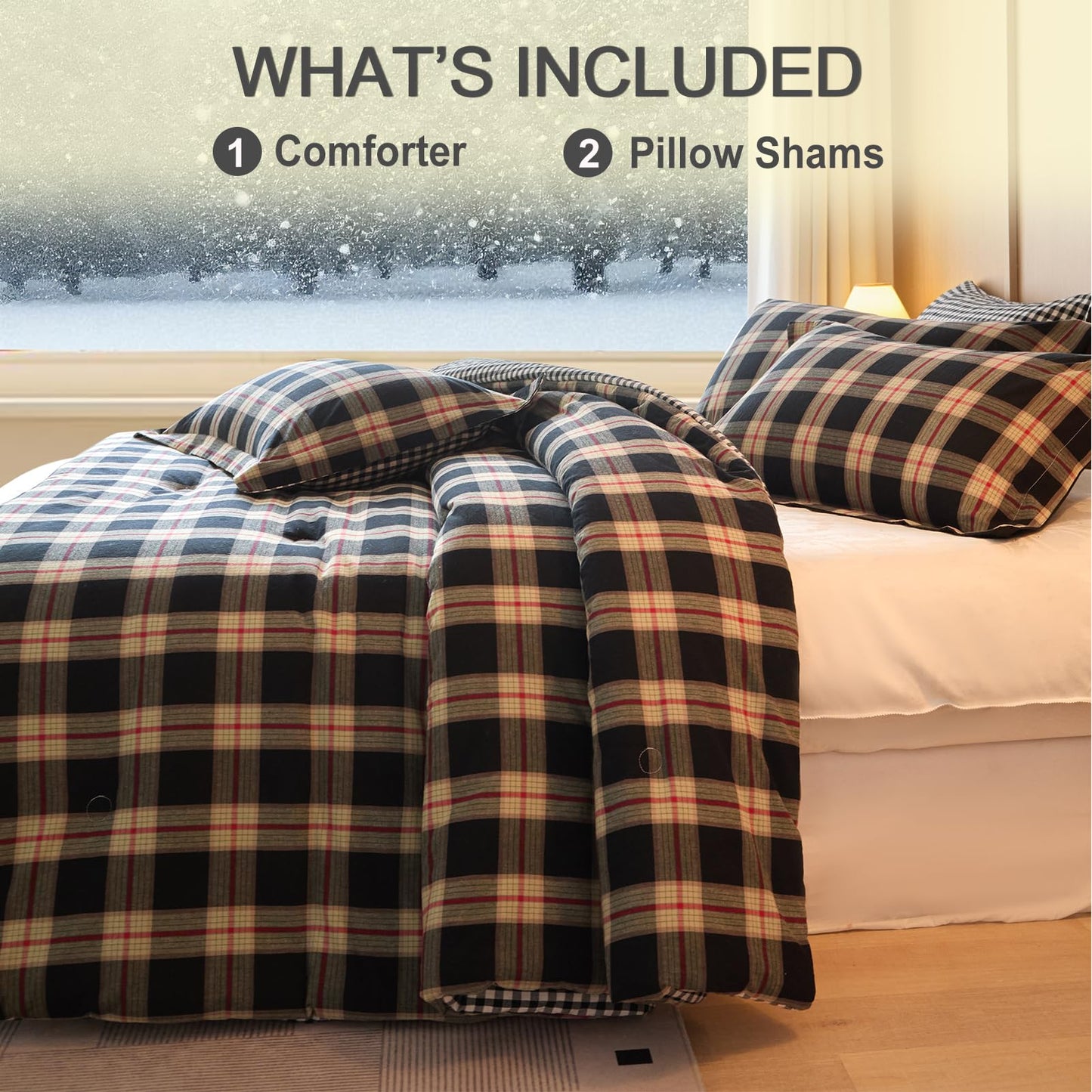 hadamick 100% Cotton Comforter Set Full Size – Reversible Yarn-Dyed Checkered Design, Soft Washed Cotton on Both Sides, Lightweight All-Season Bedding, Machine Washable(Black Red Plaid, 80”x90”)