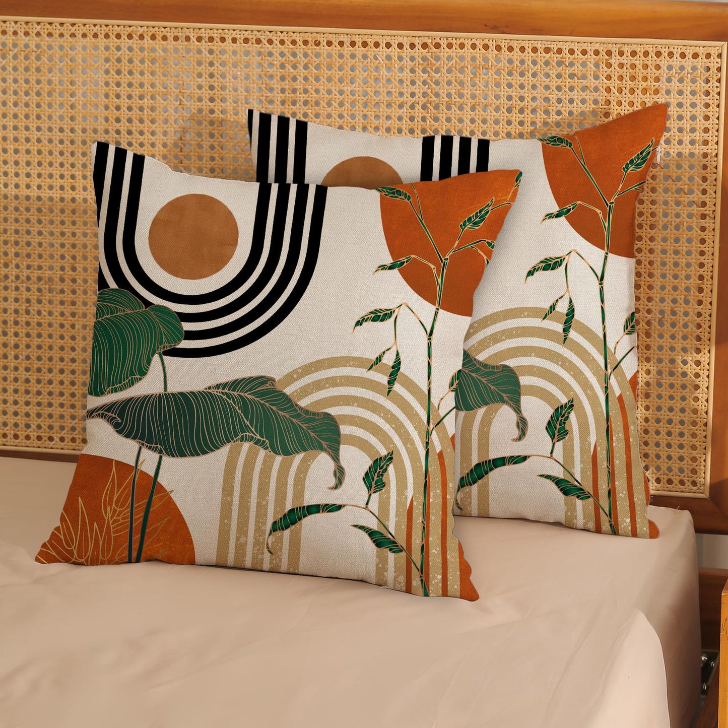 GOLIANDA Boho Orange Pillow Covers 18x18 Set of 2 Green Gold Leaf Tropical Mid Century Throw Pillows Outdoor Bohemian Modern Decorative Pillowcase Farmhouse Linen Cushion Case for Couch Sofa Decor