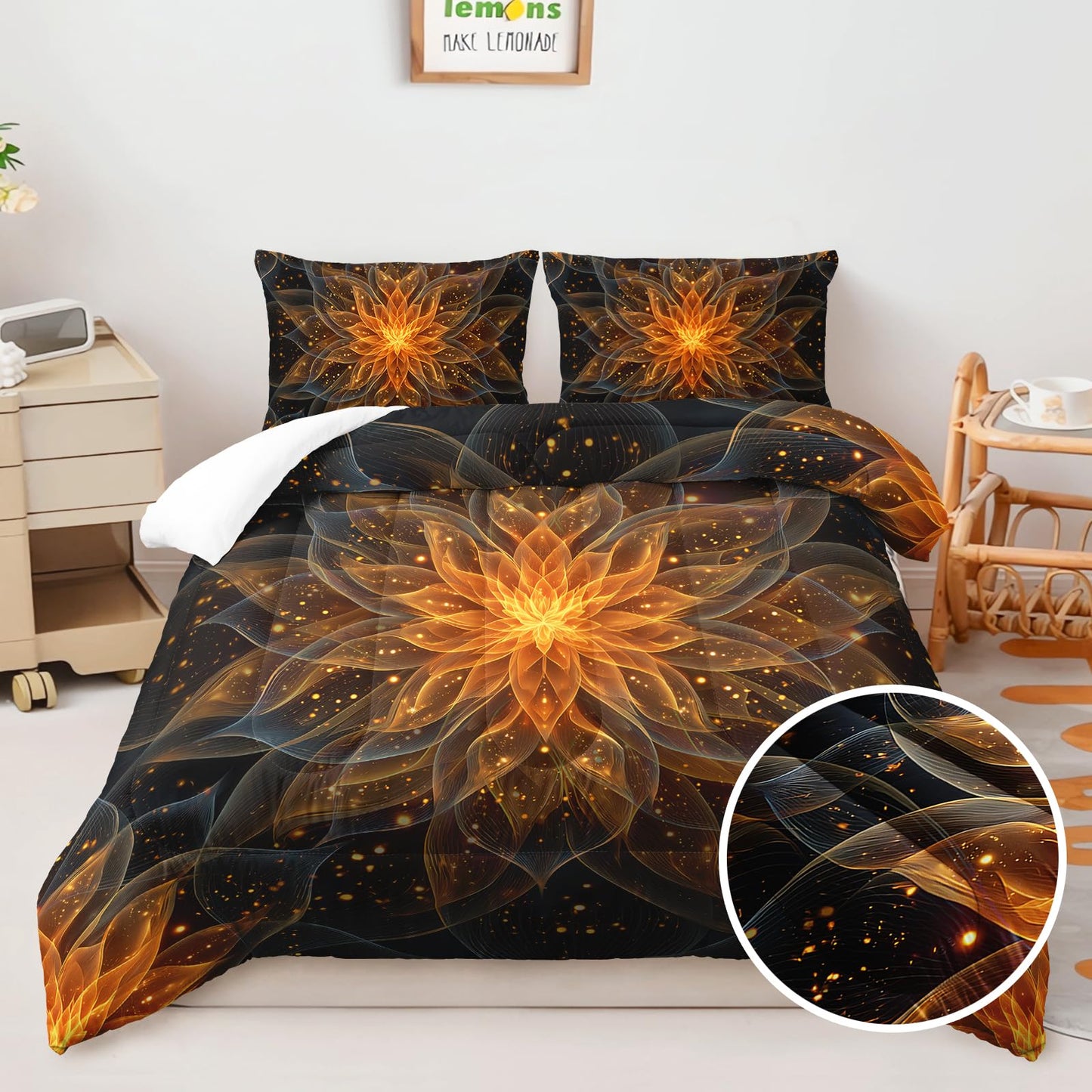 AILONEN Gold Lotus Queen Size Comforter Set - Boho Mandala Floral Duvet with 2 Pillowcases - 3Pcs Exotic Flowers Printed Black Bedding Set for Boys Girls