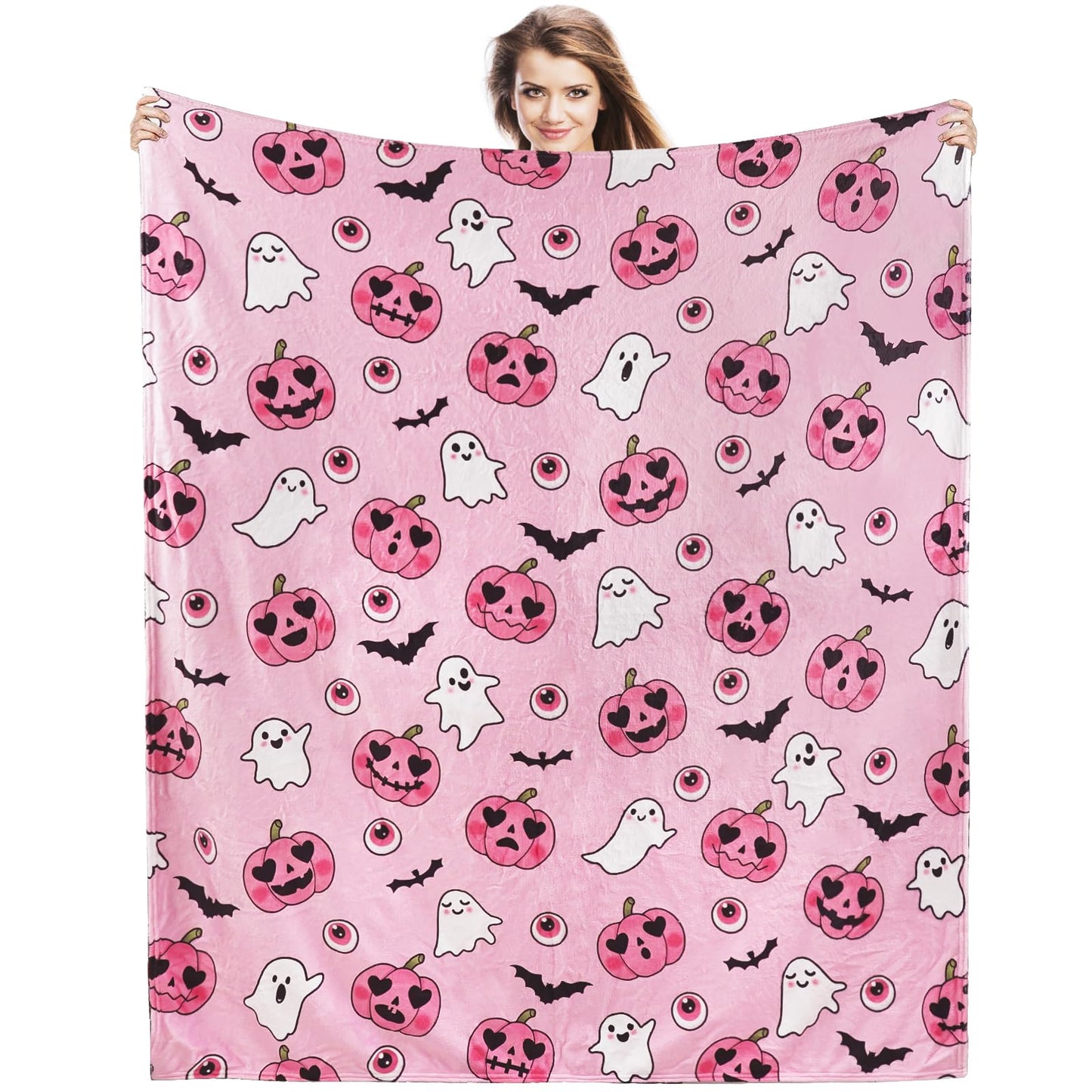 Halloween Throw Blanket Ghost Fleece Flannel Blanket Goth Halloween Soft Cozy Plush Blankets for Couch Bed Sofa Pink Spooky Decor 60"X50"