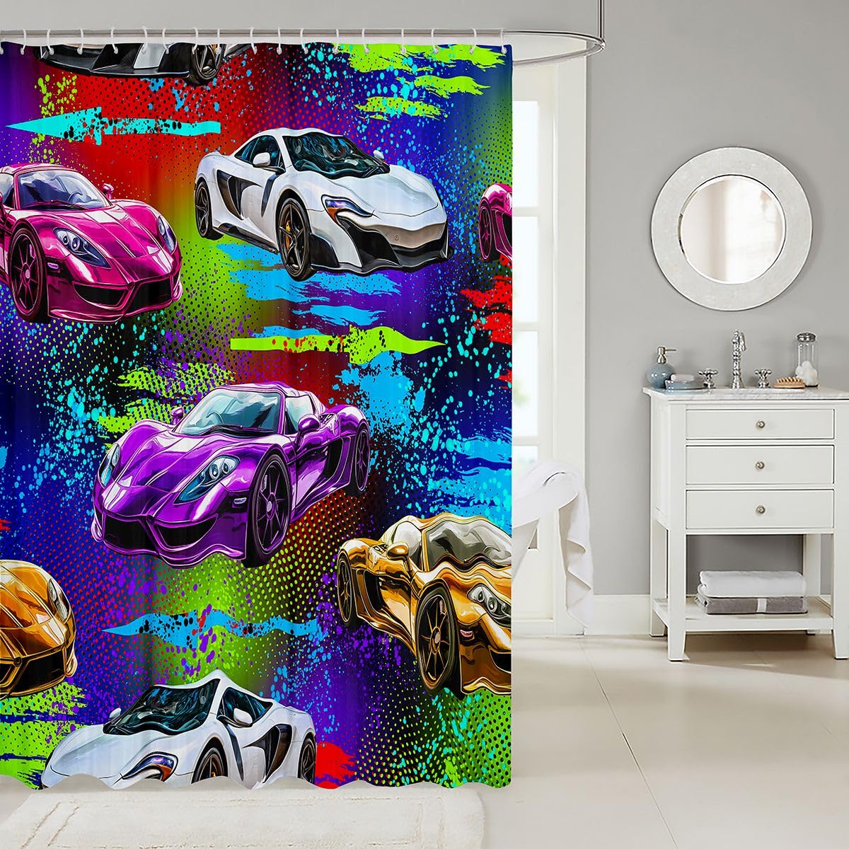 Feelyou Boys Sports Car Shower Curtain for Bathroom Decor Racing Car Bath Curtain for Stalls Bathtubs Extreme Sports Bathroom Accessories Automobile Waterproof Polyester Fabric with 12 Hooks 72"x72"