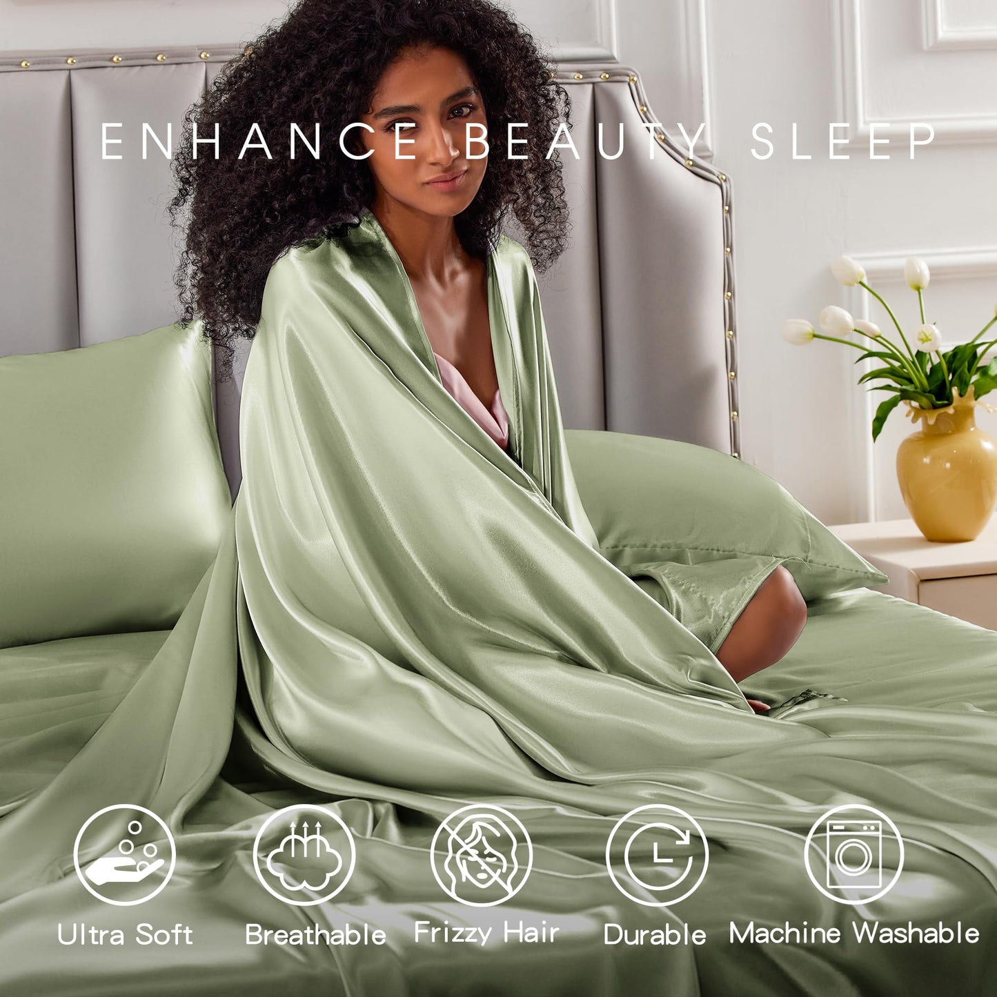 FreshCulture Satin Sheets Full Size - 4 Piece Luxury Soft Silky Full Size Bed Sheets, Similar to Silk Bed Sheet Set with 1 Deep Pocket Fitted Sheet, 1 Flat Sheet & 2 Pillowcases (Sage Green)