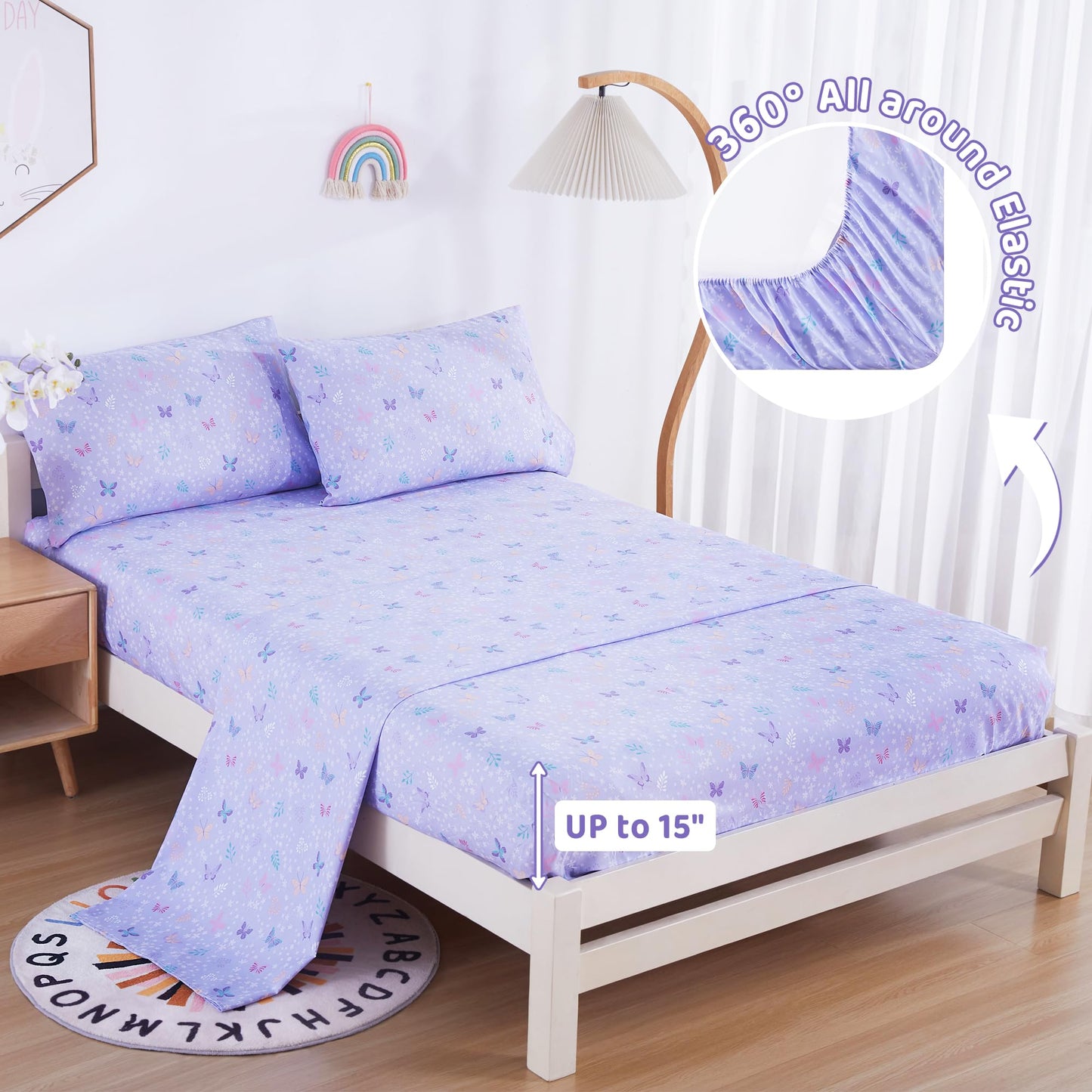 Viviland 3 Pieces Girls Light Purple Twin Sheet Set - Soft Microfiber Fitted Flat Sheets & Pillowcase - Butterfly Floral Printed Bedding Sets - for Kids & Toddlers