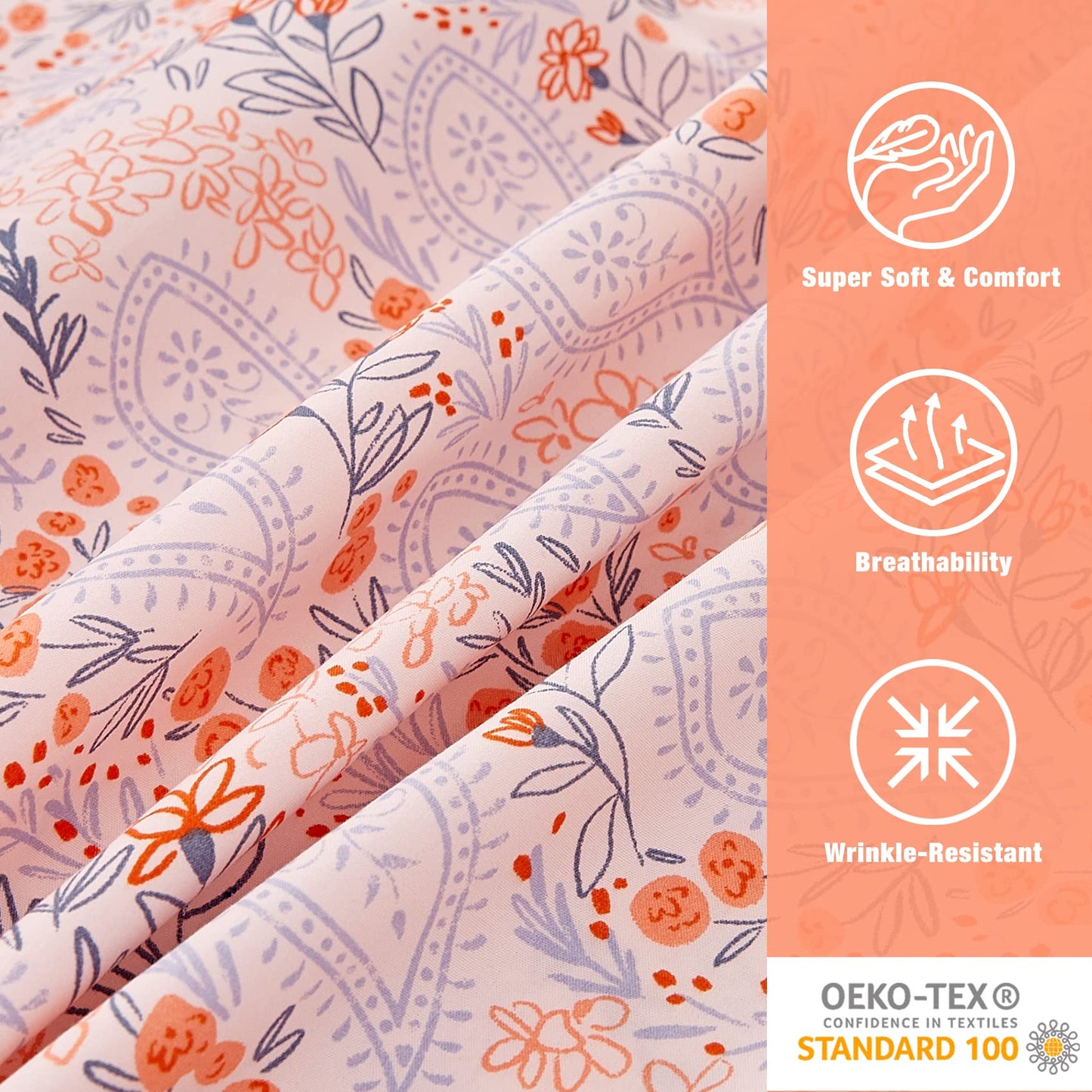 JSD Pink Paisley Floral Sheet Set King Size, 4 Piece Soft Printed Microfiber Sheets Extra Deep Pocket