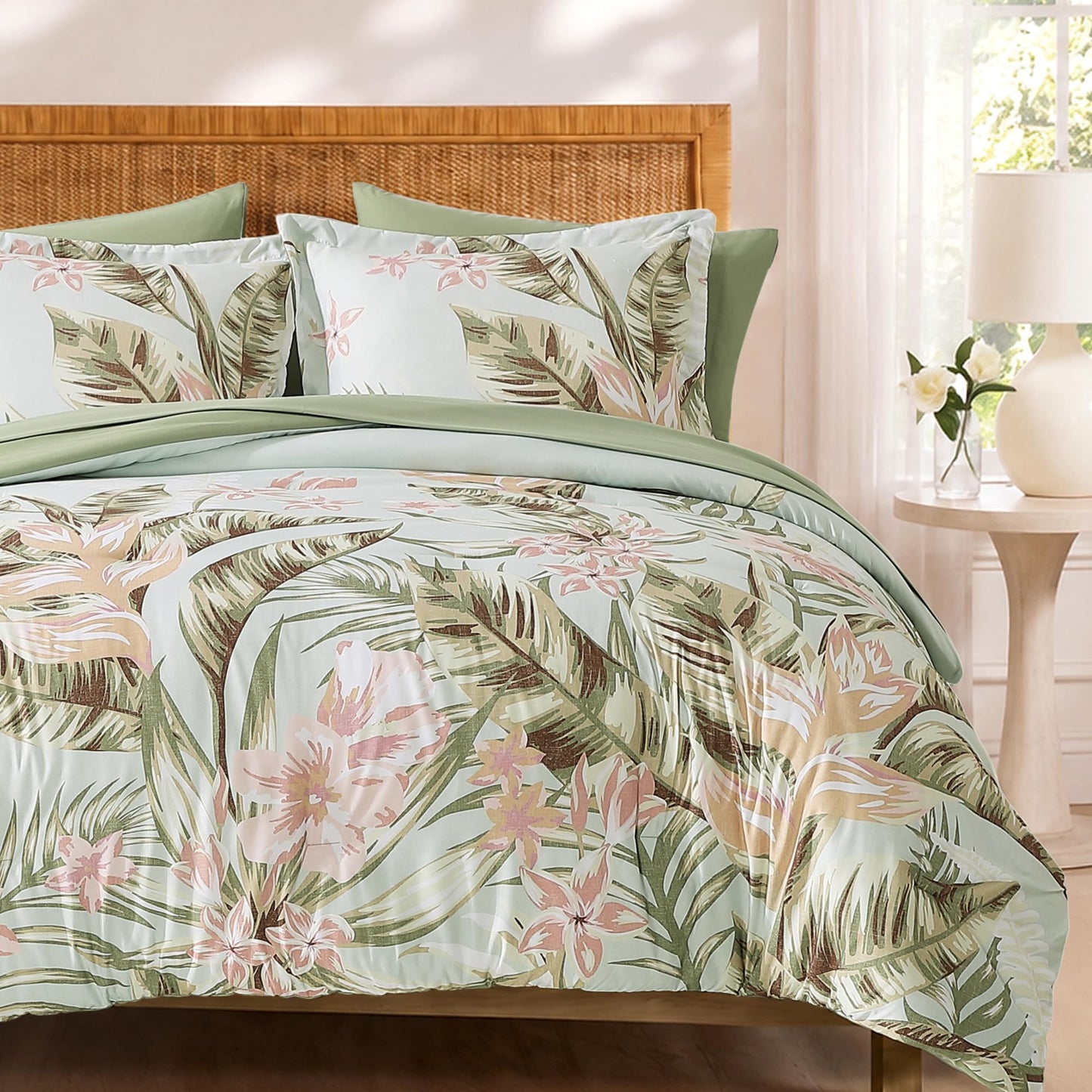 BLOOMHAVEN Queen Comforter Set -7 Pieces Palm Leaf Bedding Set for All Seasons, Bed in a Bag with Tropical Flowers Comforter, Sheets, Pillowcases & Shams