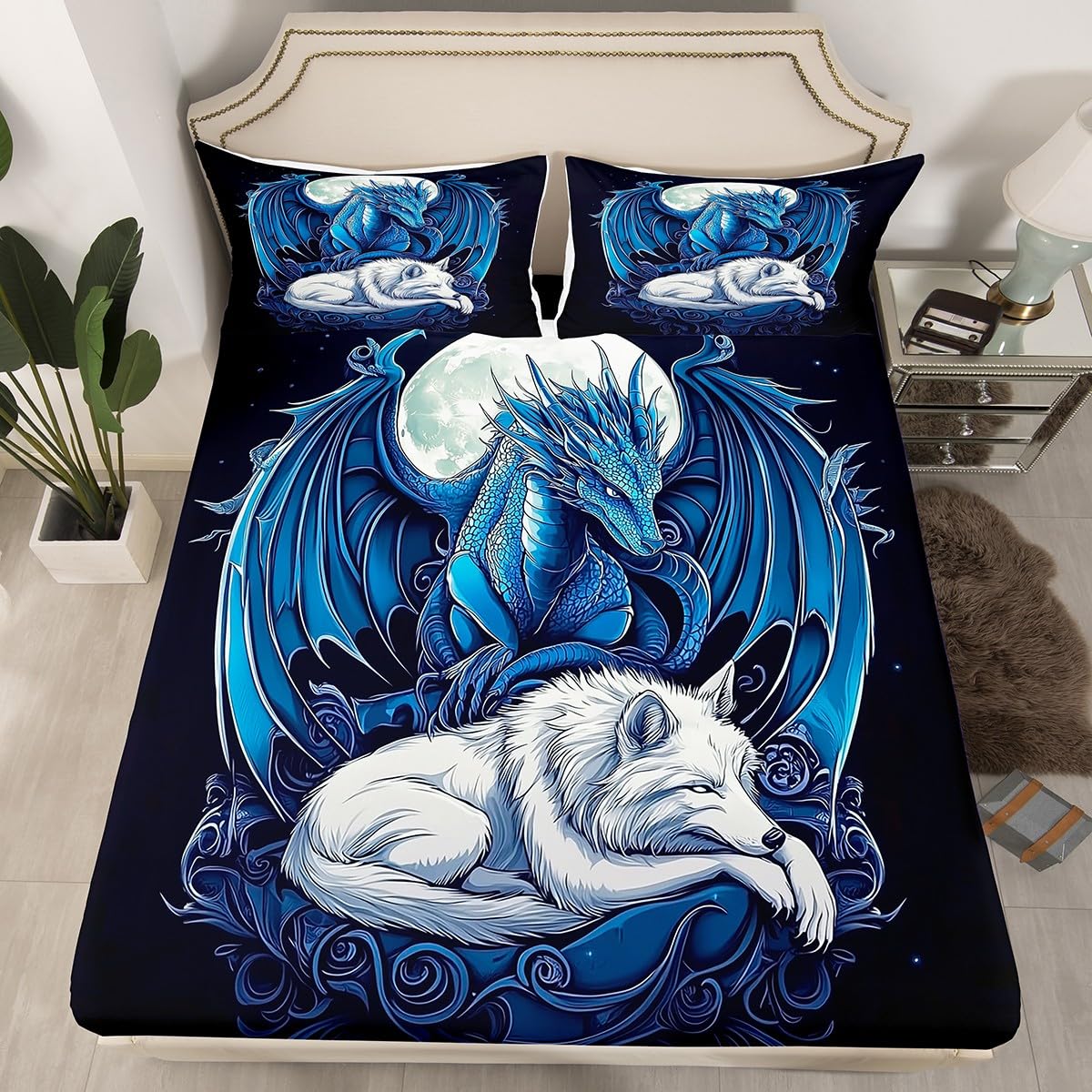 Erosebridal Dragon Bed Sheets Set Twin Size for Boys, Wolf Animals Bedding Set, Tribal Exotic Wildlife Flat Fitted Sheet for Boys Adult Men Room, Moon Starry Sky Bed Set, Black Blue