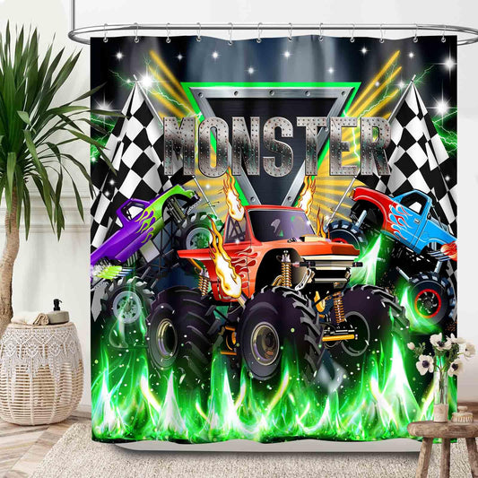 Lnepty Racing Car Kids Shower Curtains,3D Fleet Racing Car Stadium Game Cool Monster Truck Theme Decor Curtains Waterproof Fabric Bathroom Shower Curtain Set with Hooks,72x72Inch