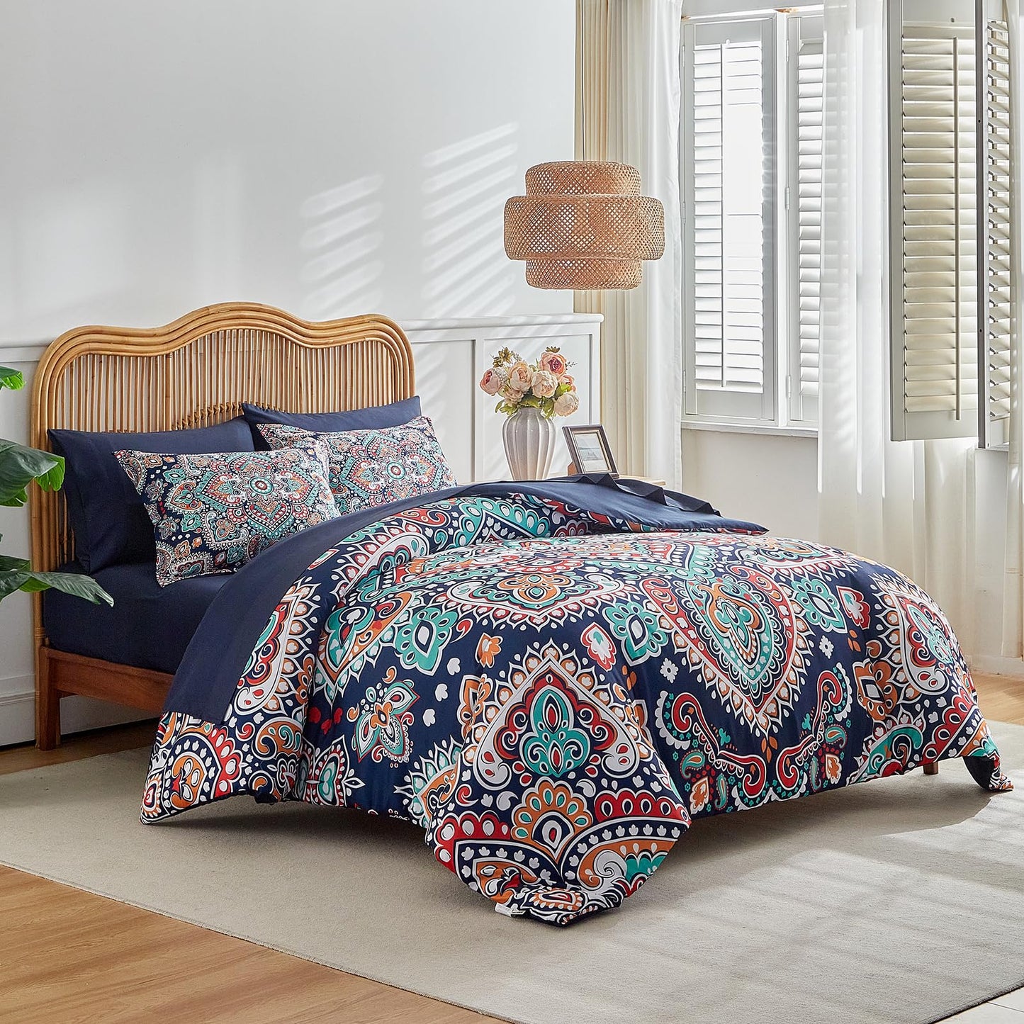 Boho Comforter Sheet Set Bohemian Bed in a Bag Queen Size Bedding Set, Navy Blue Orange Paisley Microfiber 7pc Bedding Set (1 Comforter 2 Pillow Shams 1 Pink Flat Sheet 1 Fitted Sheet 2 Pillowcases)