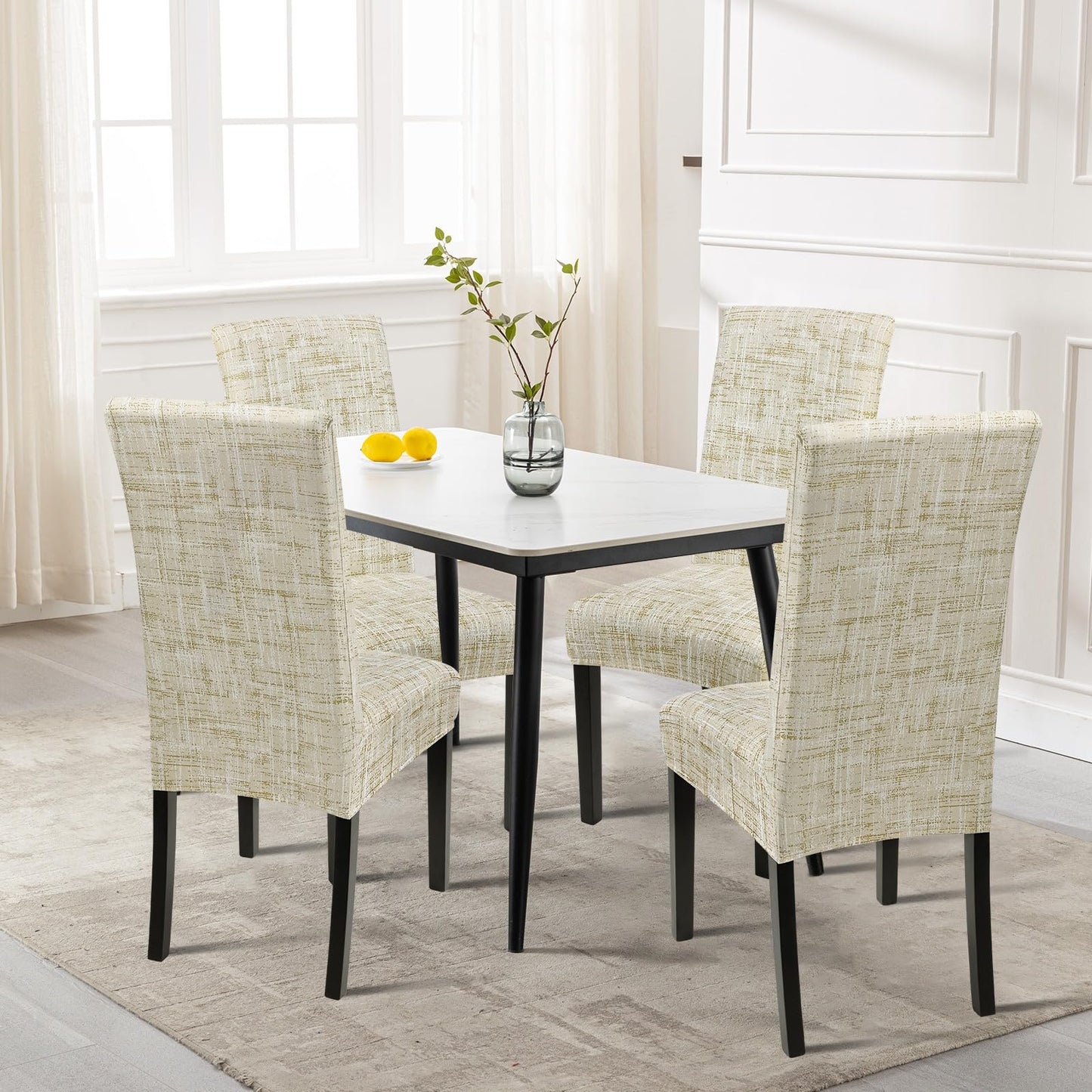 SearchI Dining Room Chair Covers Set of 6, Stretch Printed Parsons Chair Slipcovers Removable Washable Kitchen Chair Protector Cover for Dining Room, Hotel, Ceremony (Flaxen Print)
