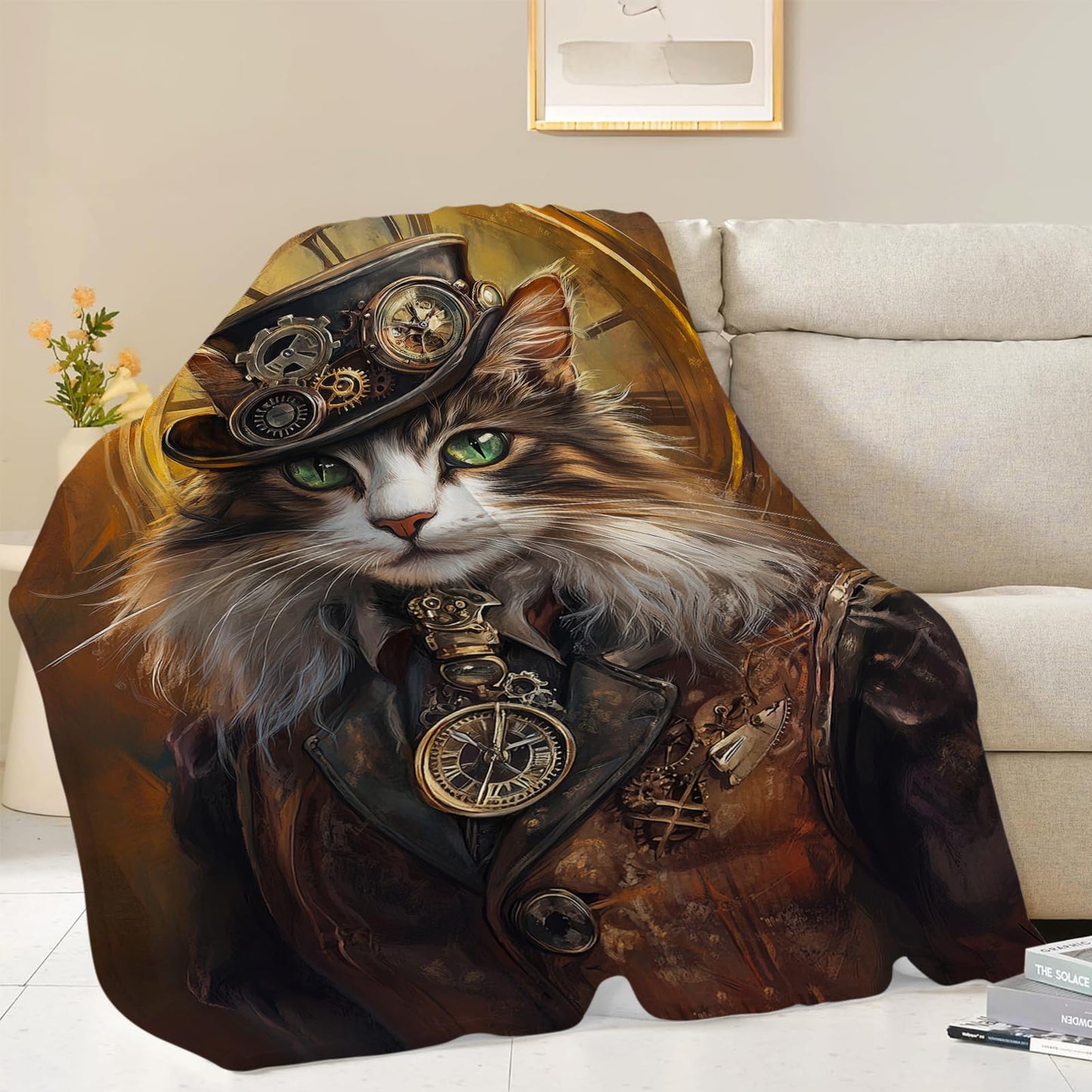 Cat Blanket, Steampunk Throw Blanket, Cats Gifts, Steampunk Blankets, Cats Stuff Fleece Flannel Plush for Women Men Boys Girls Lovers Adults Soft Bedding for Sofa Bed Office Home Decor 40"X50"